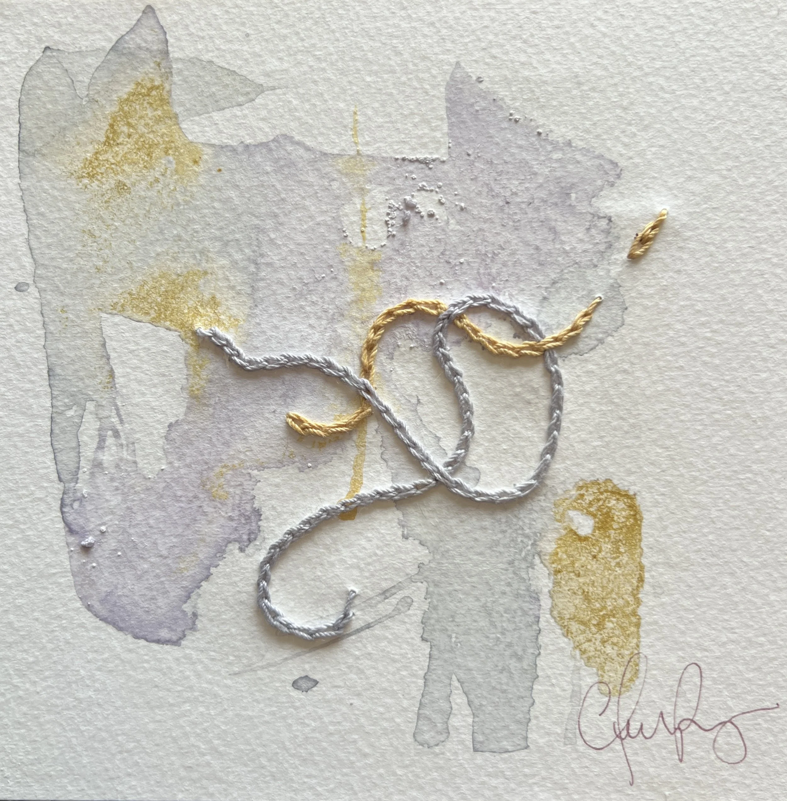 "Stringlines No. 1" | Natural inks created from: Red cabbage (emergence), yellow onion skins (inner truth, inner conflict) | Artist: Amanda Roy | 2025 | Meditation: "String Quartet No. 1" by Philip Glass | 8"x8" mixed media on paper, natural inks, co