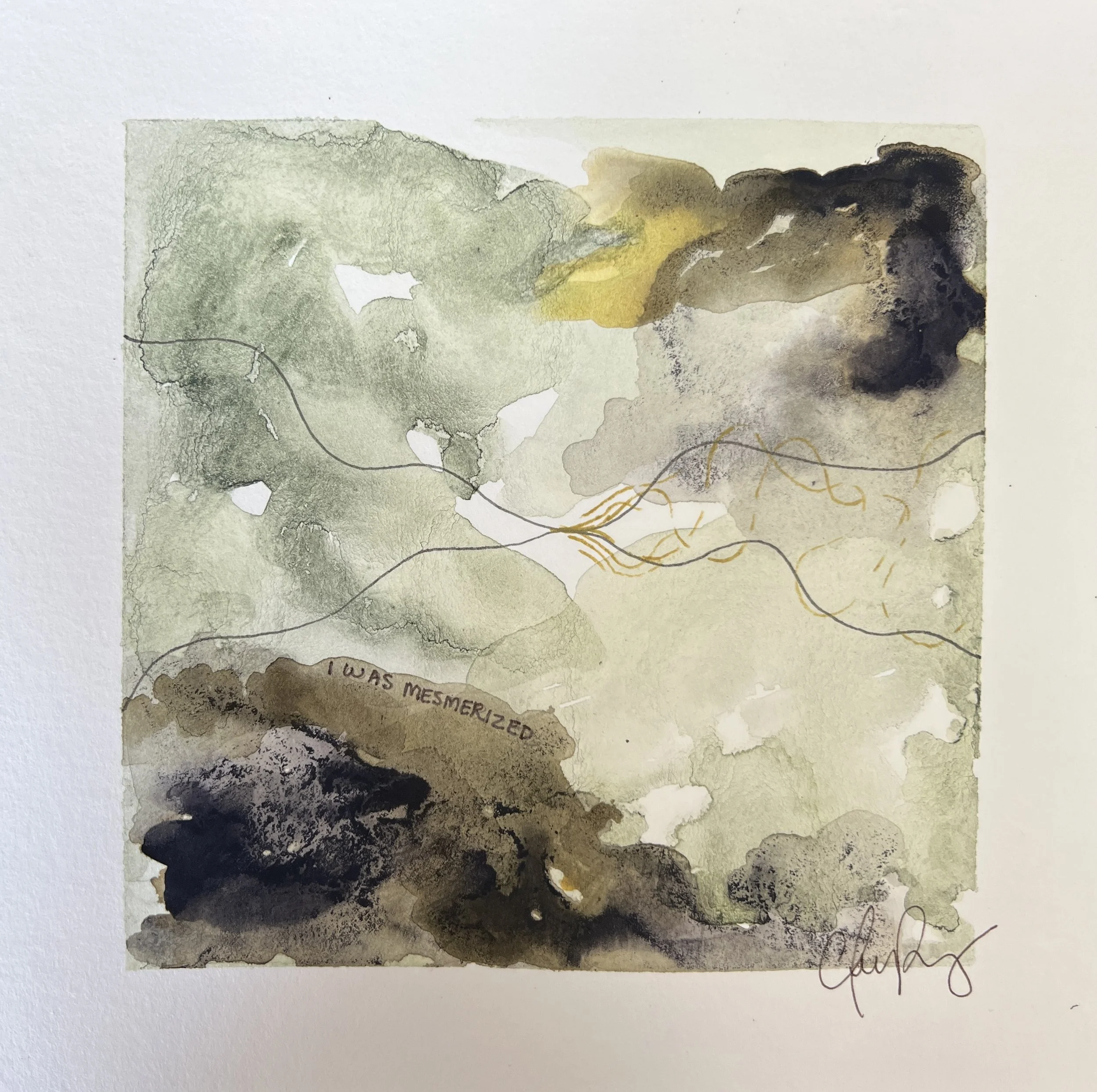 "Mesmerized" | Natural inks created from: Radicchio (magic, longing), Iron Gall (strength), Ninebark (love/hope) | Artist: Amanda Roy | 2025 | Meditation: "Mesmerised" by LEISURE | 8"x8" mixed media on paper| $300, framed.