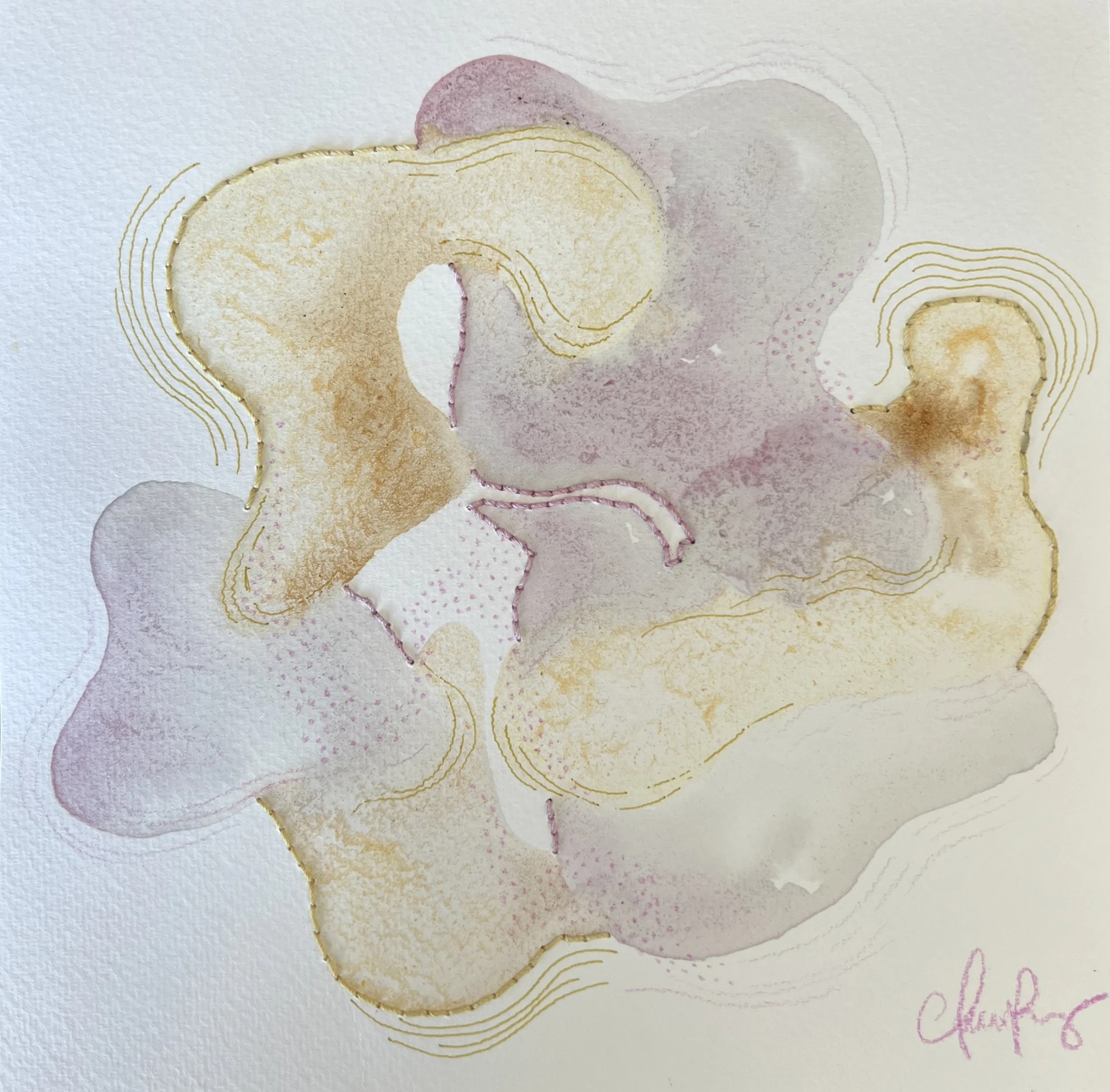 "Fade Into you" | Natural inks created from: Ninebark (love/hope/warmth), Raspberry (attraction/romance), Butternut Squash (magic) | Artist: Amanda Roy | 2025 | Meditation: "Fade Into You" by Melt | 8"x8" mixed media on paper| $300, framed.