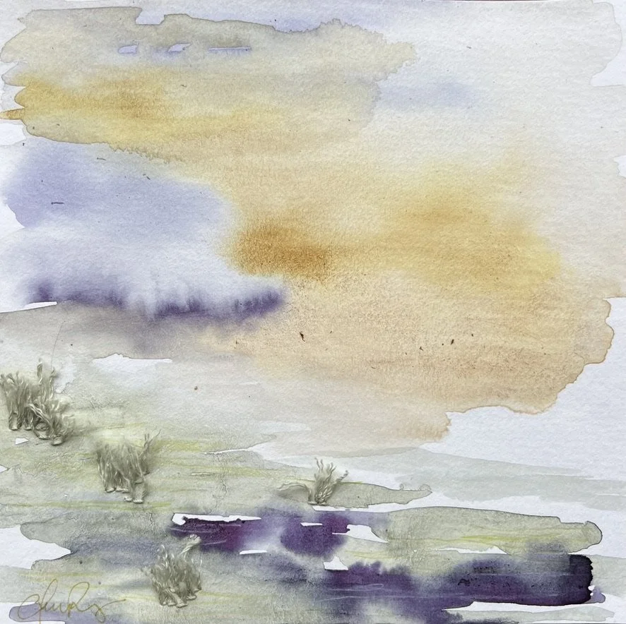 "Vast - Two" | Natural inks created from:  Orange cosmos (vitality and joy), mulberry (growth), ninebark (hope), radicchio (perseverance), blackberry (abundance) | Artist: Amanda Roy | 2025 | Meditation: "Symphony No. 3" by Roy Harris | 8"x8" natural