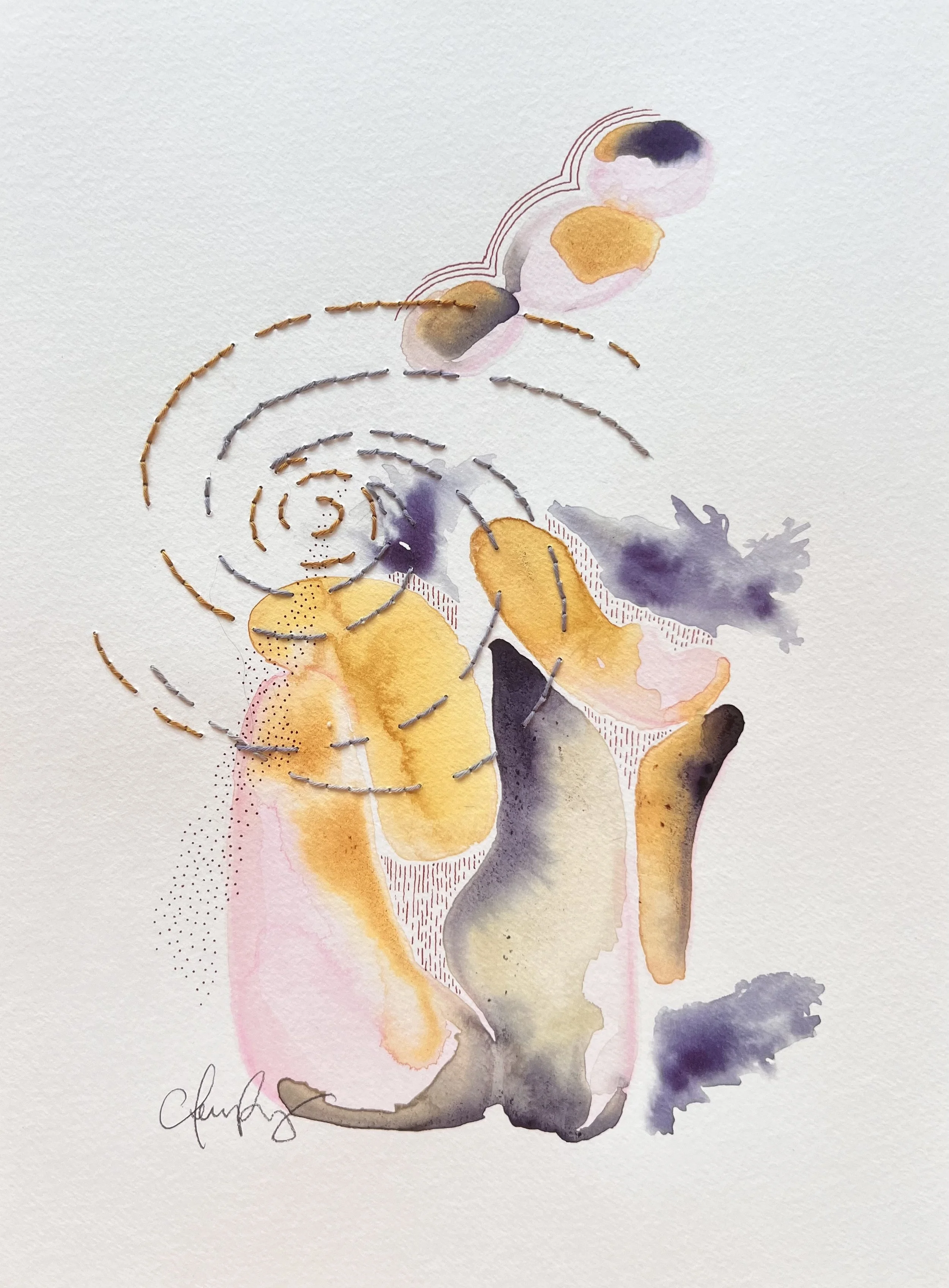 "Under the Milky Way 2" | Natural inks created from: Ninebark, Mulberry, Beets, Red Onion, Azalea | Artist: Amanda Roy | 2024 | Meditation: "Under the Milky Way" by The Church | 12"x9" mixed media on paper | $500, framed.