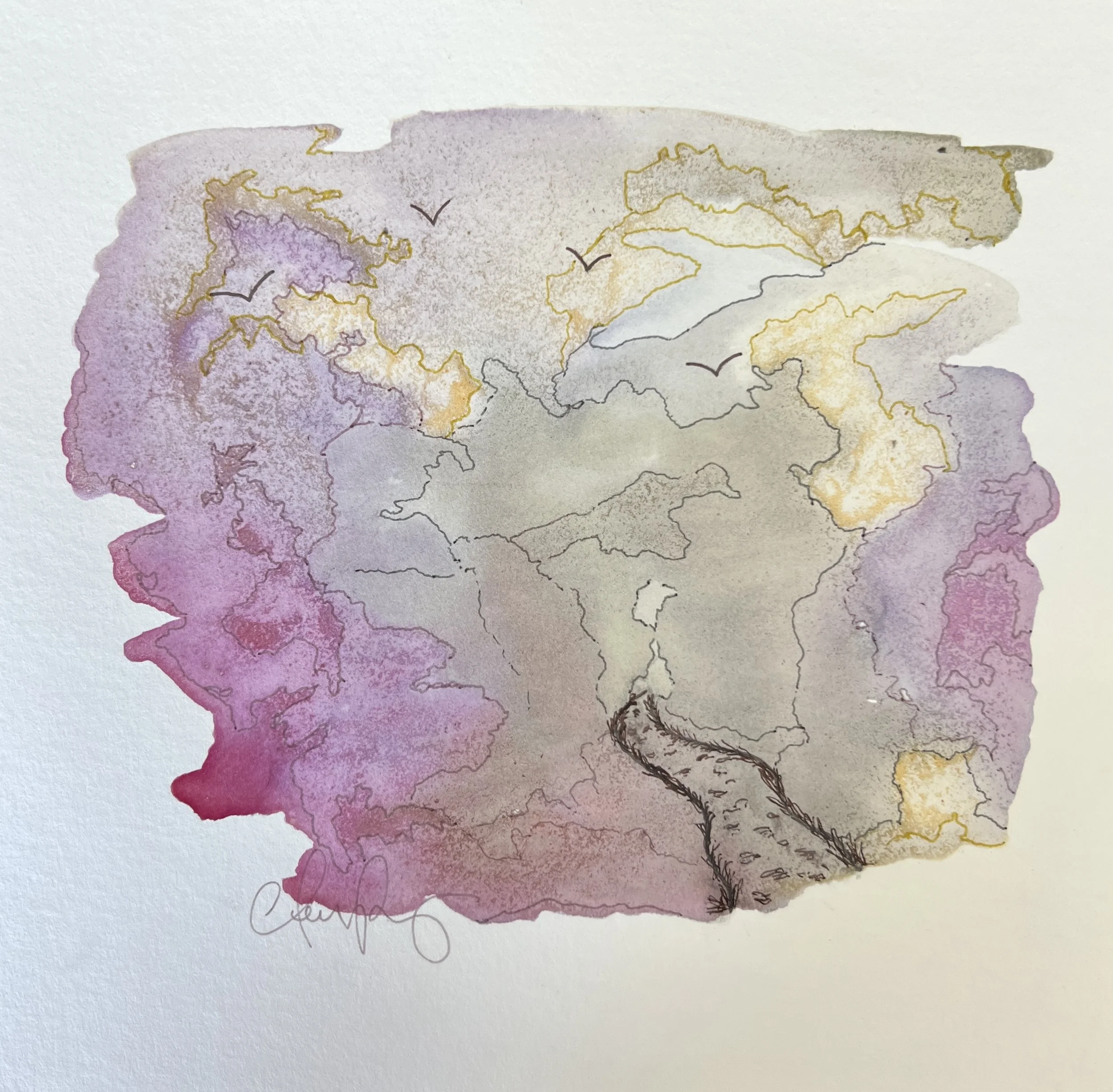 "Until I Found You" | Natural inks created from: Raspberry (attraction), Cherry (love), Butternut Squash (magic), Red Cabbage (passion) | Artist: Amanda Roy | 2025 | Meditation: "Until I Found You" by Stephen Sanchez | 8"x8" mixed media on paper| SOL