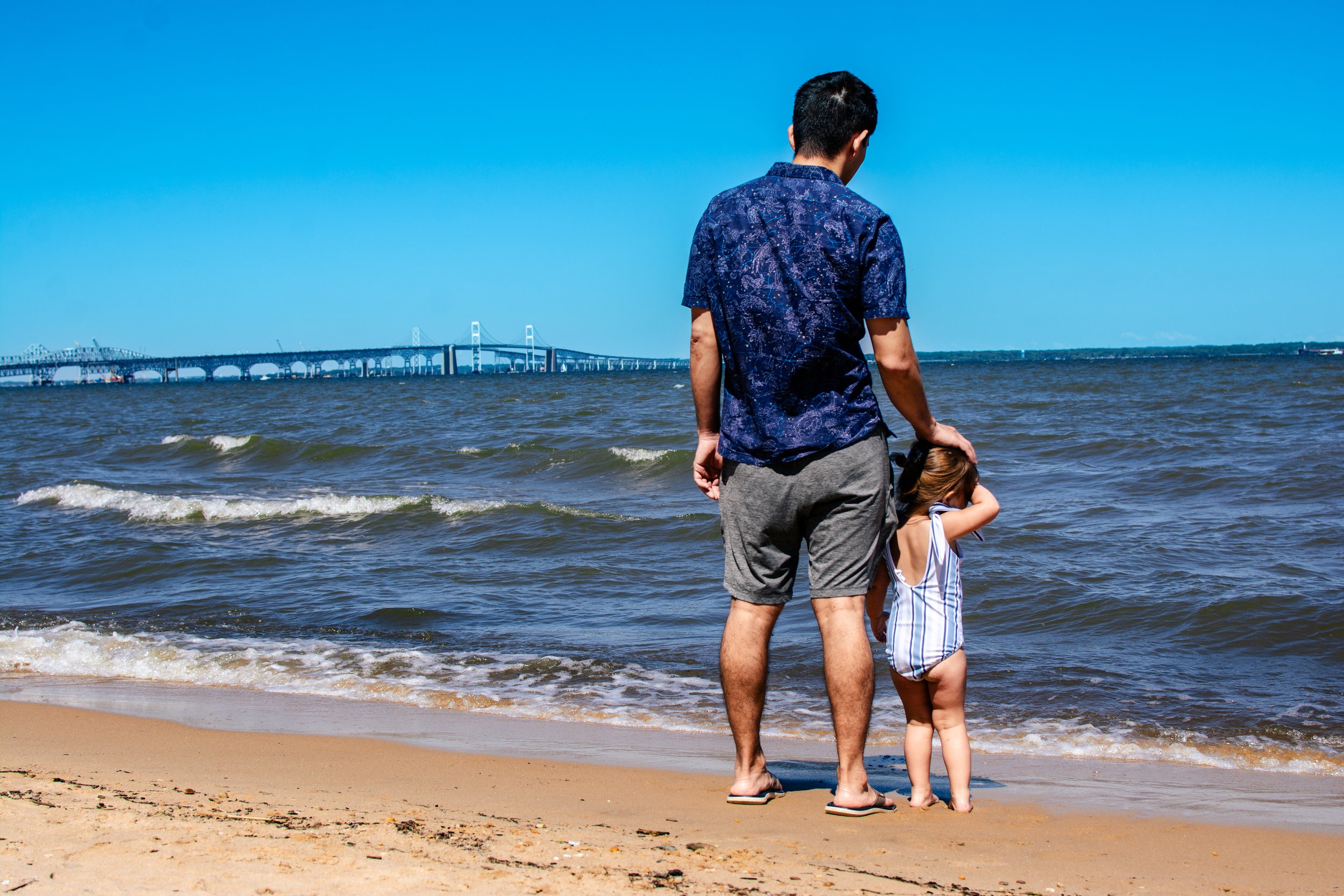 Family photography at Terrapin Nature Park. Toddler girl staring at Chesapeake Bay and Bay Bridge with father. Standing along shore at beach.