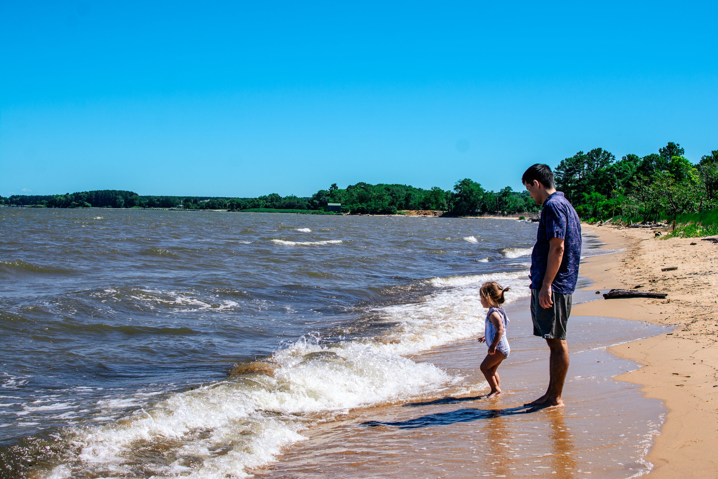 Family photography at Terrapin Nature Park. Toddler girl staring at Chesapeake Bay with father. Standing along shore on beach.