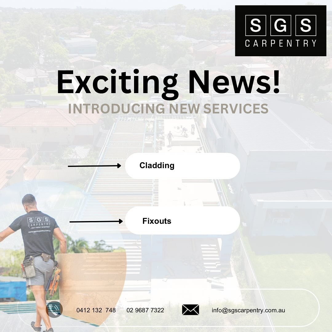 EXCITING NEWS!!!💥

SGS Carpentry is your one stop solution for all your construction needs. We&rsquo;ve expanded our services to include Cladding and Fixouts, alongside our Structural Carpentry (supply + install) and Structural Steel (in-house fabri