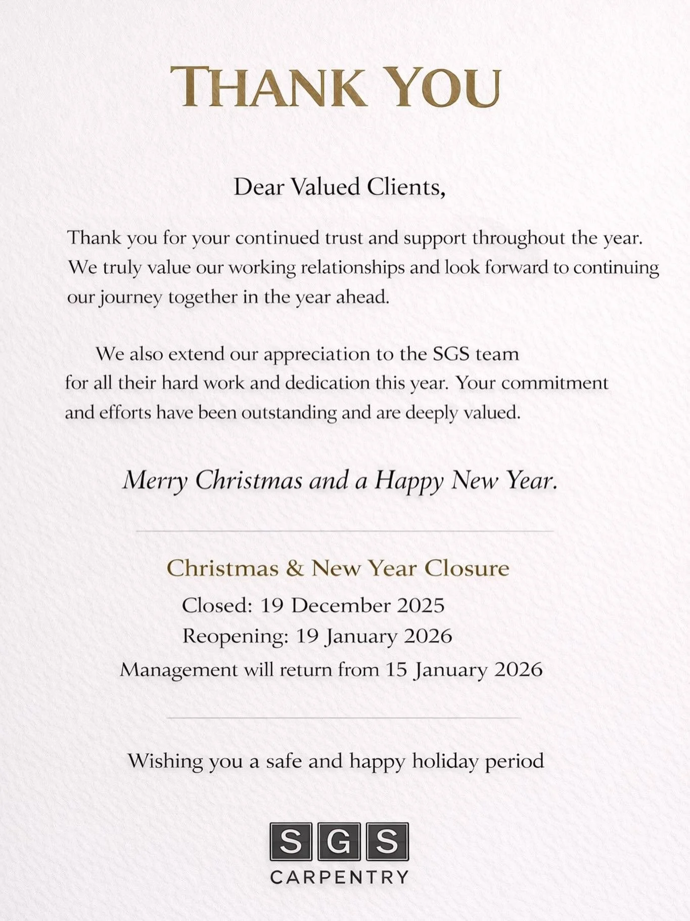 To our valued clients, thank you for your continued trust and support throughout the year. 

To our SGS boys, thank you for your hard work, commitment, and dedication. Your effort does not go unnoticed, and we can&rsquo;t wait for what the year ahead