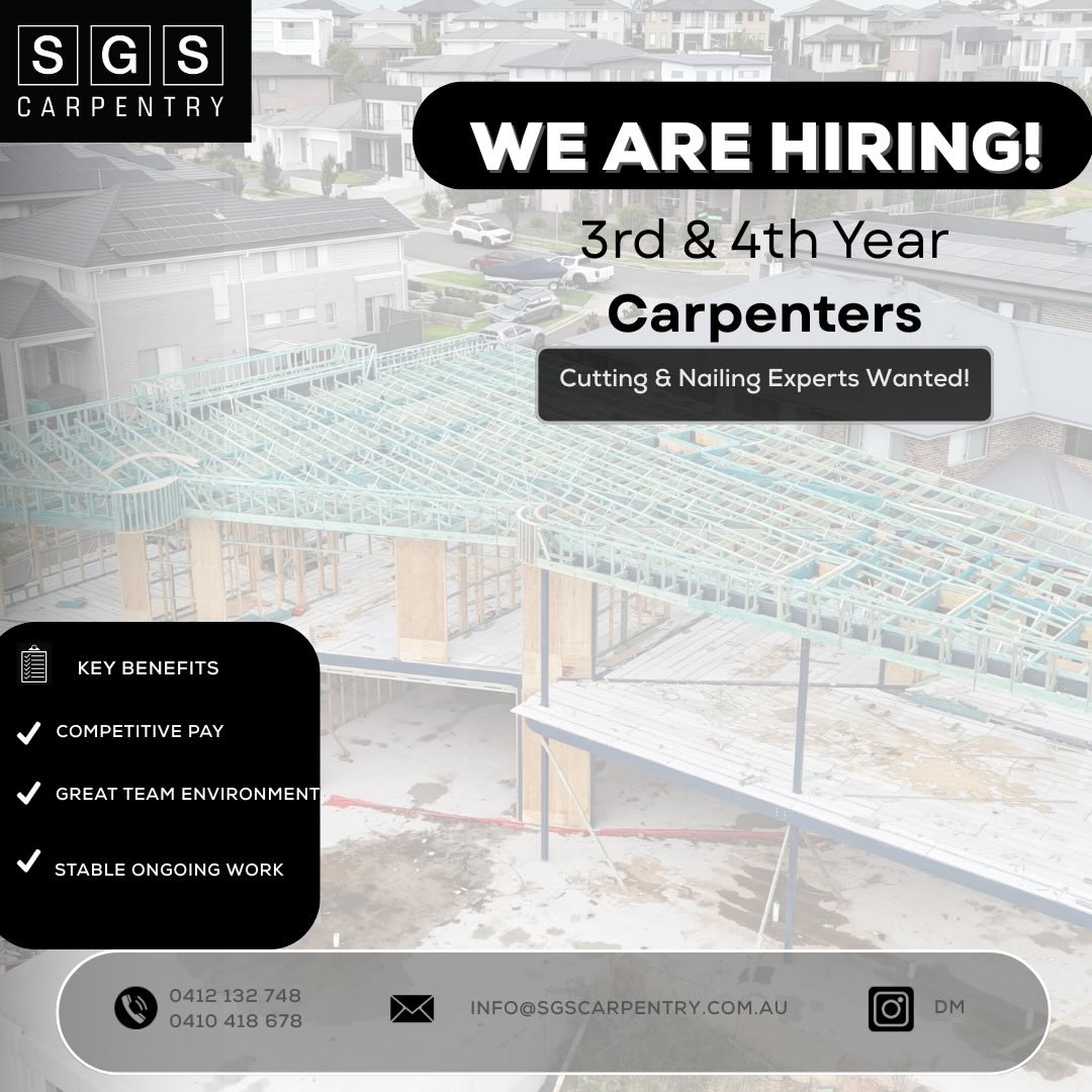 WE ARE HIRING! 🔨

If you&rsquo;re hardworking, motivated, and have a genuine passion for carpentry, SGS Carpentry is the place for you.

We are currently seeking experienced 3rd or 4th year carpenters, preferably experts in nailing &amp; cutting to 