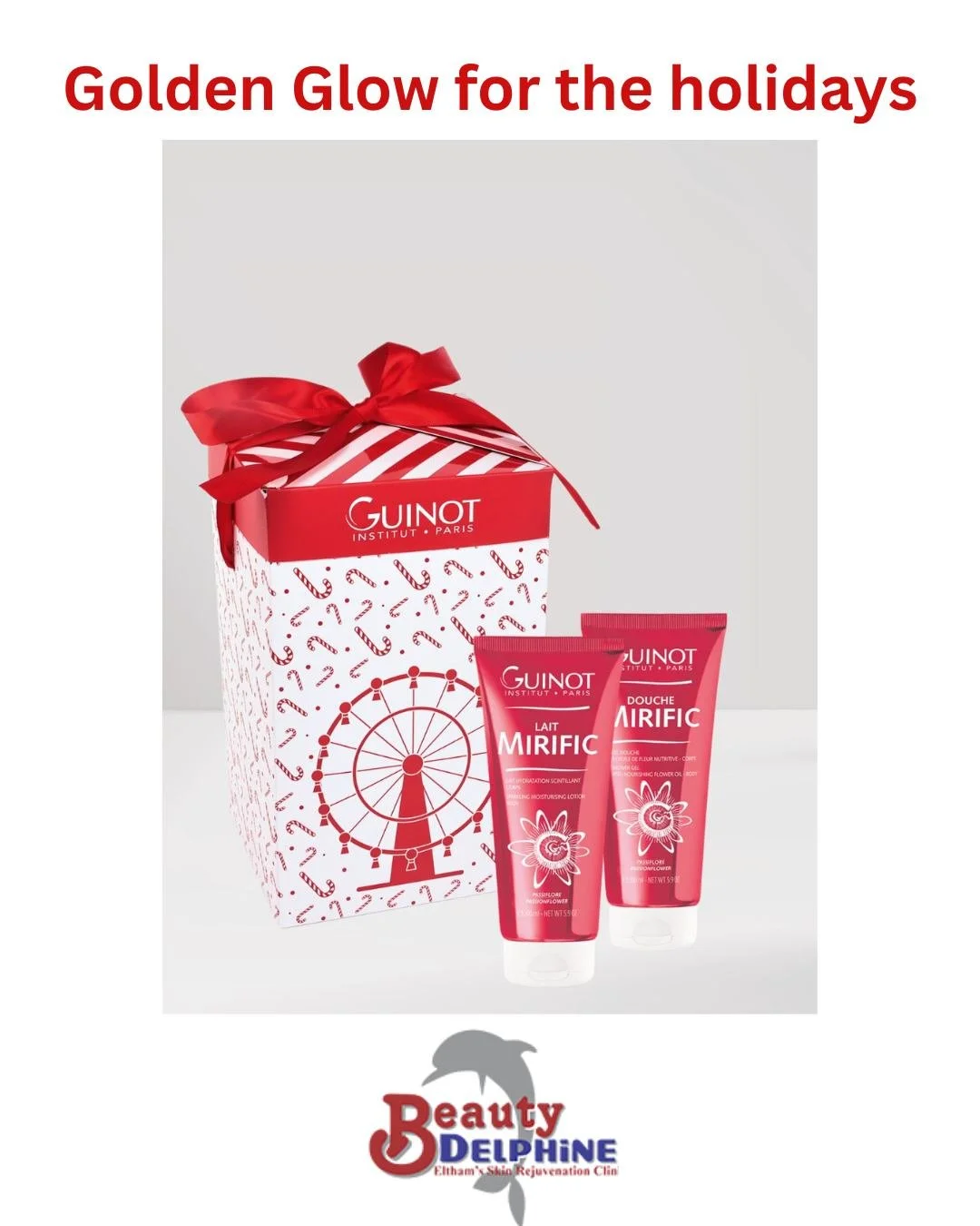 ✨Would you like to achieve a golden glow for the holidays? Our exclusive Christmas pack, Guinot's Mirific, features two beloved Mirific favorites in a festive limited edition.

🎅This special set includes:

- **Body Lotion Mirific (200ml)**: This lot