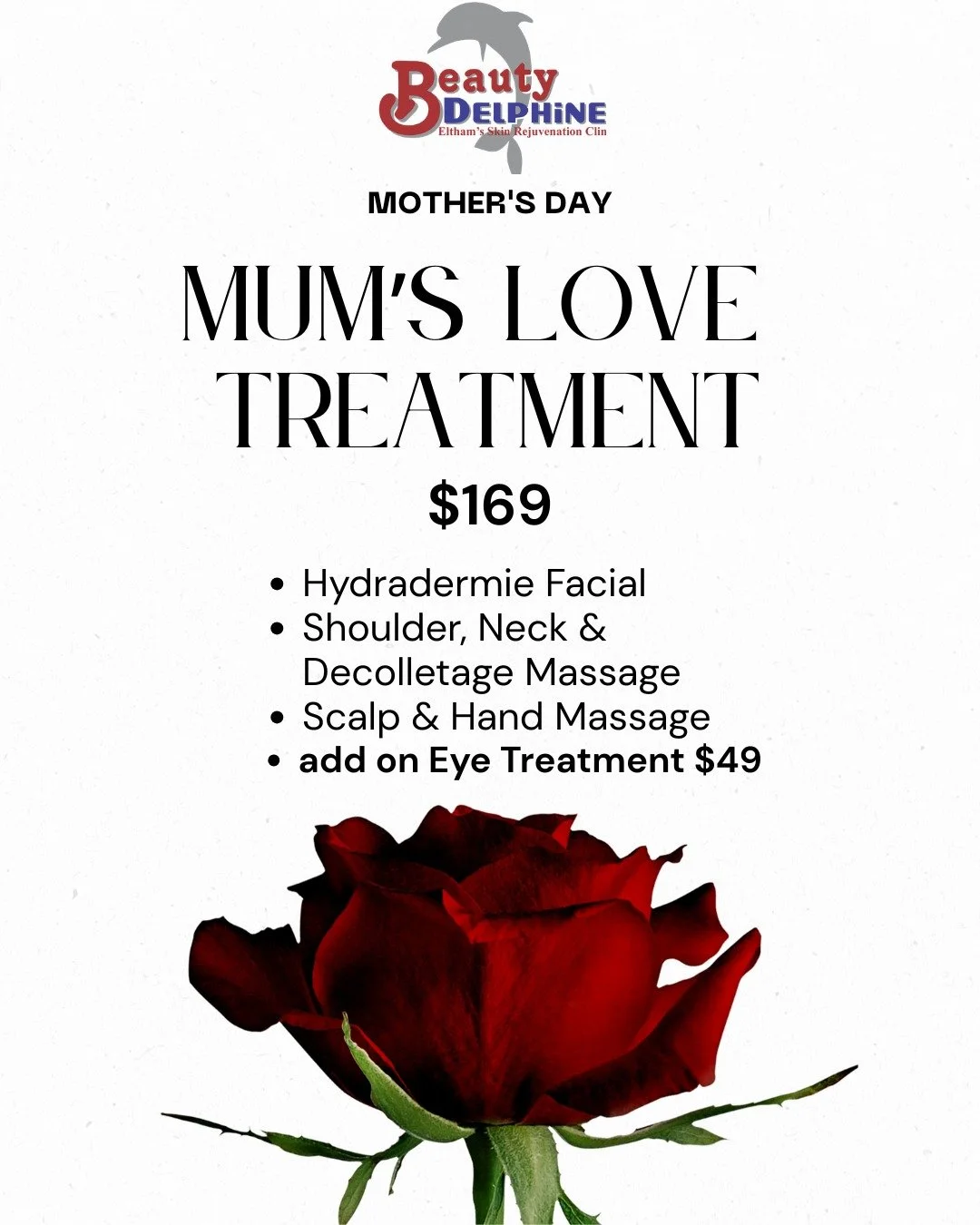 Give your mum the gift she truly deserves this Mother's Day.❤

Treat her to some relaxation at Beauty Delphine, where she can enjoy some well-deserved pampering and the glow that she has been giving everyone else all year long.✨

Our facial treatment