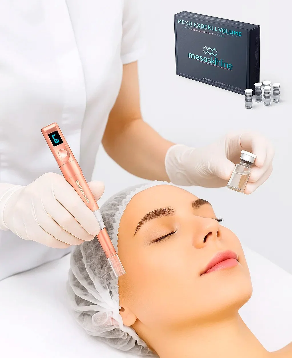 A woman receives a facial treatment with a handheld device, while a medical professional holds a small vial and a box of mesotherapy medication on a white background.