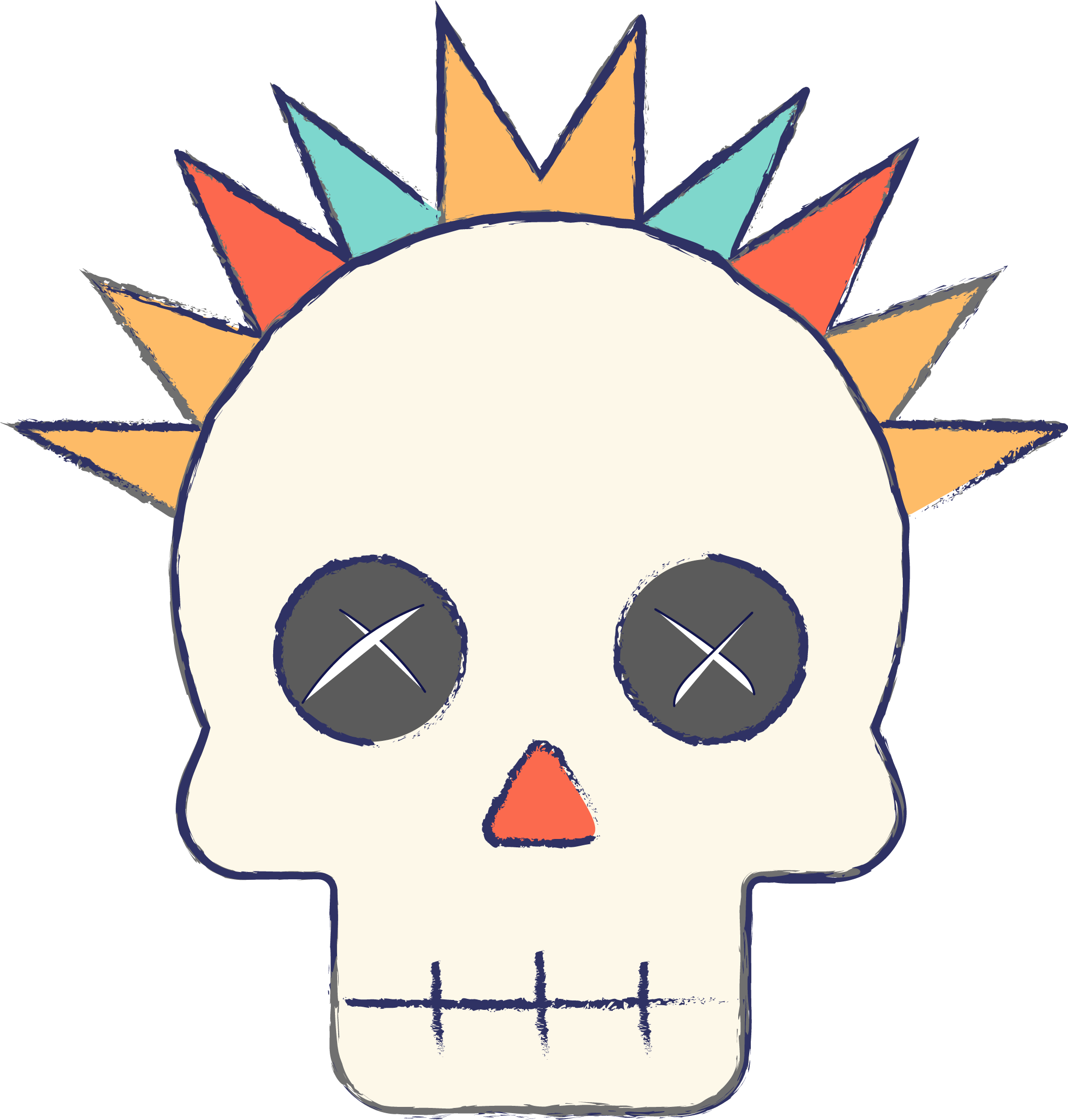 Hand-drawn illustration of a skull with colorful spikes around the top, resembling a crown or rays.