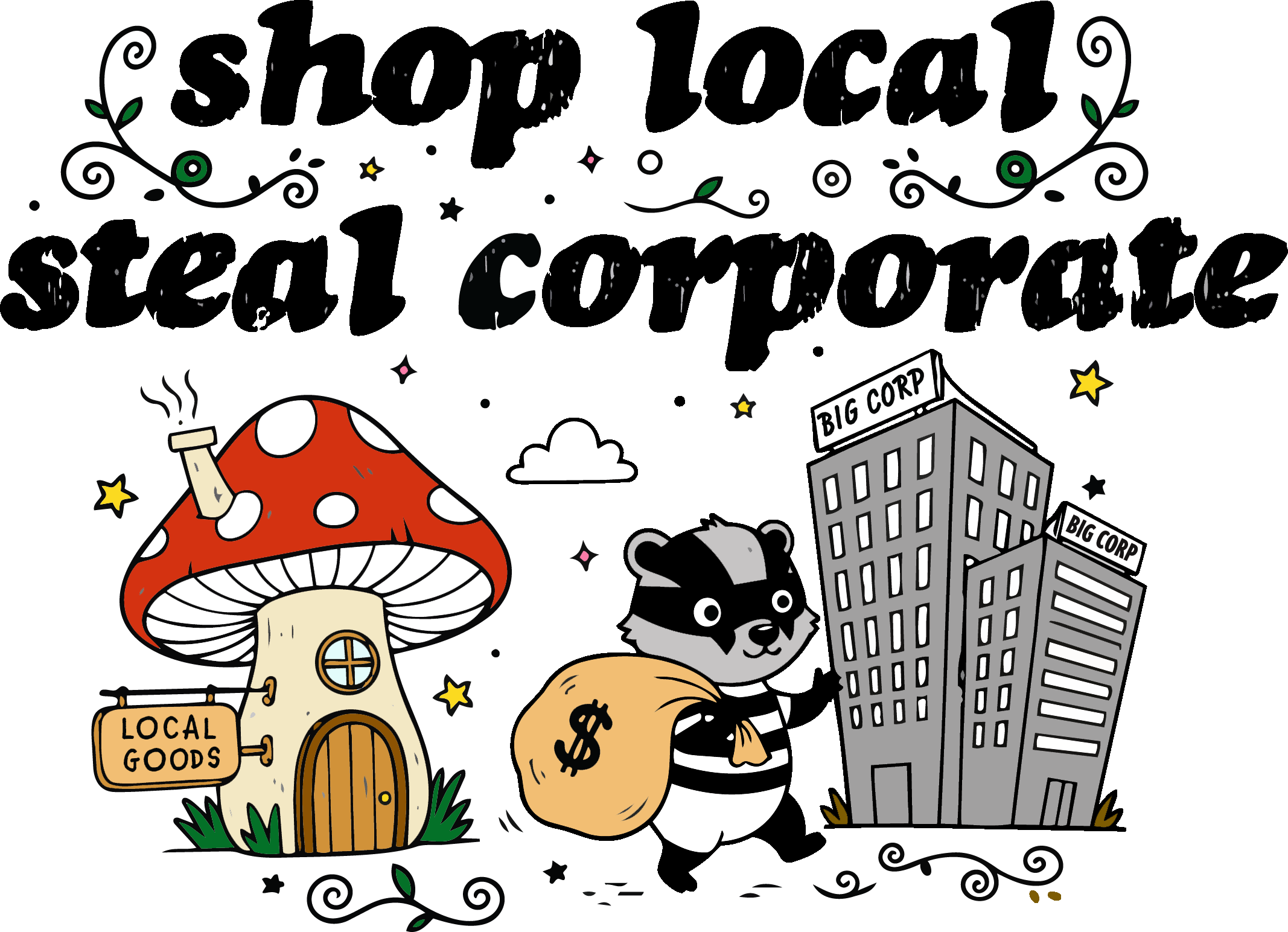 Illustration of a whimsical night scene with a red mushroom house, raccoon holding a dollar sign bag, pumpkin, bunch of grapes, a building with "Big Corp" signs, and a small farm with a sign that says "Local Goods". The background is black with stars, clouds, and swirling decorative elements.