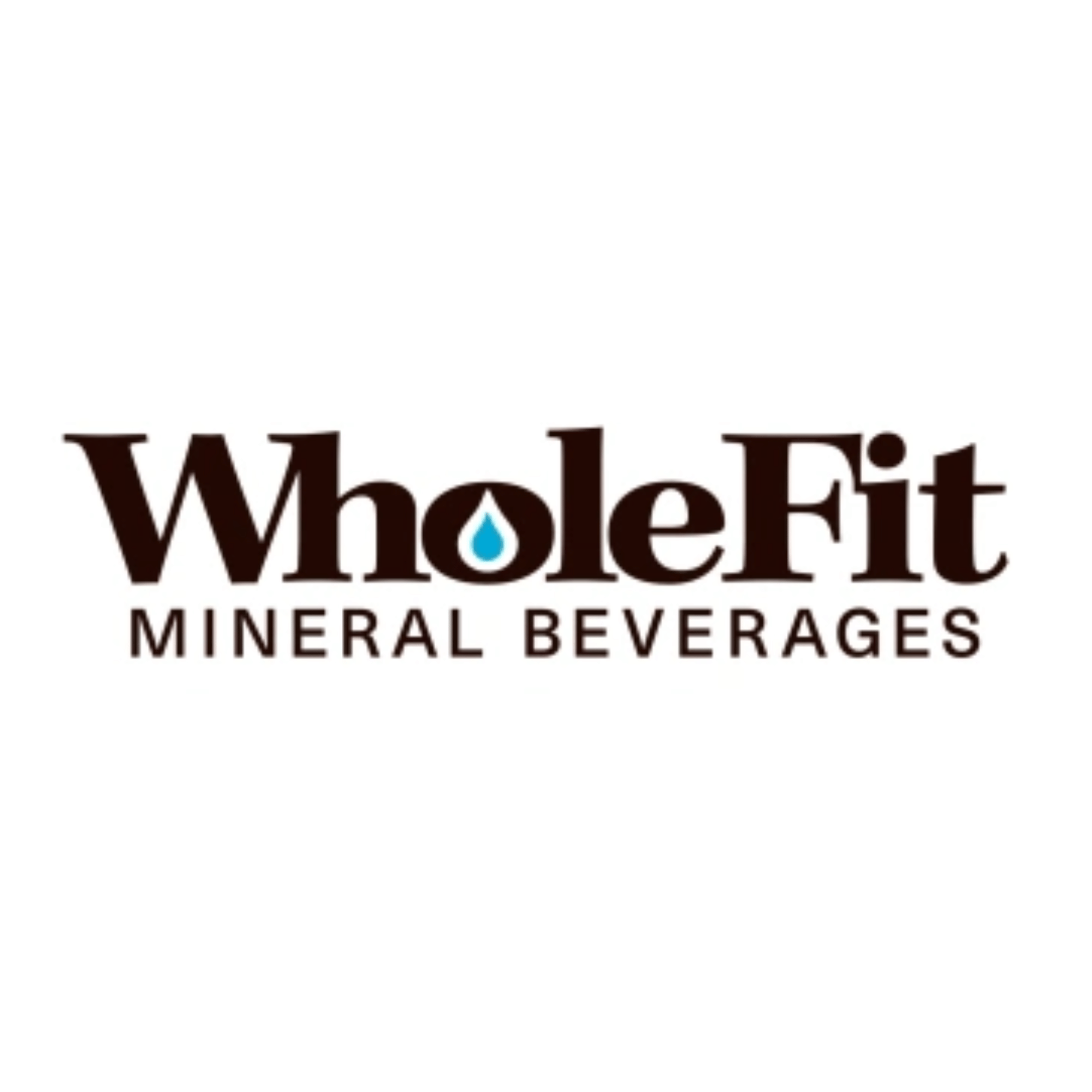 Close-up of a white water bottle with a black cap and blue water droplet logo, with the words 'Wholefit Mineral Beverages' below.