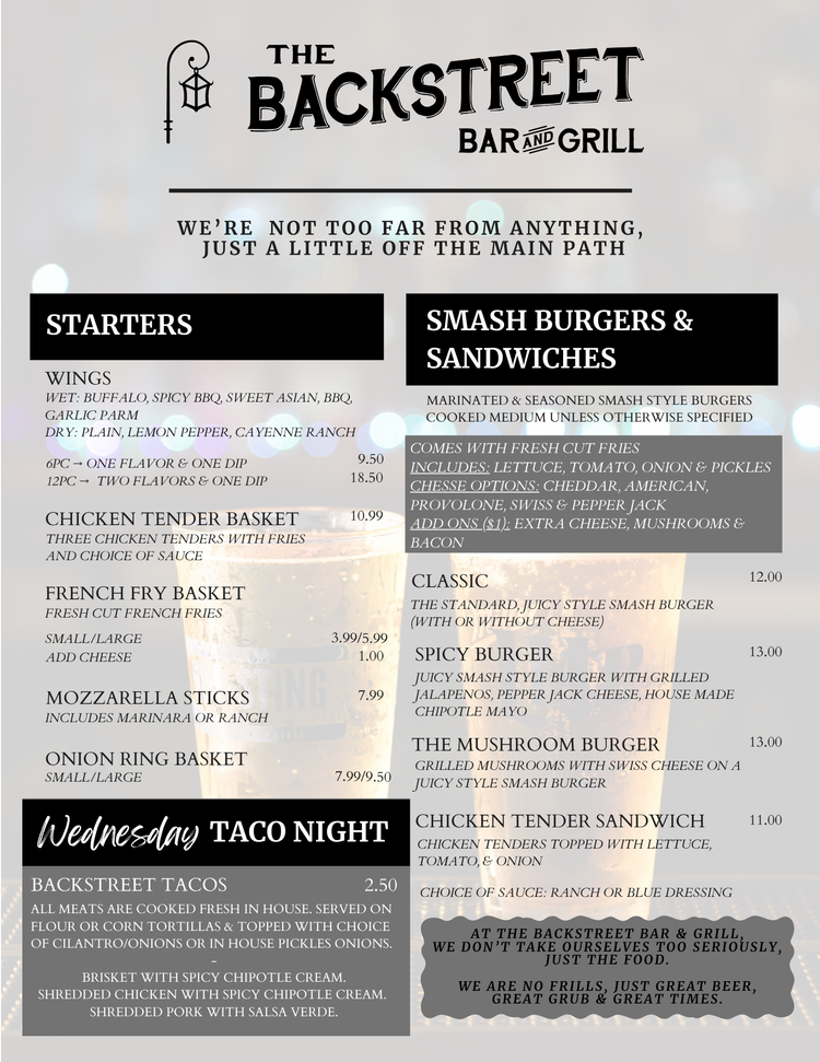 Back Street Cocktail & Burger Bar The Backstreet Bar and Grill