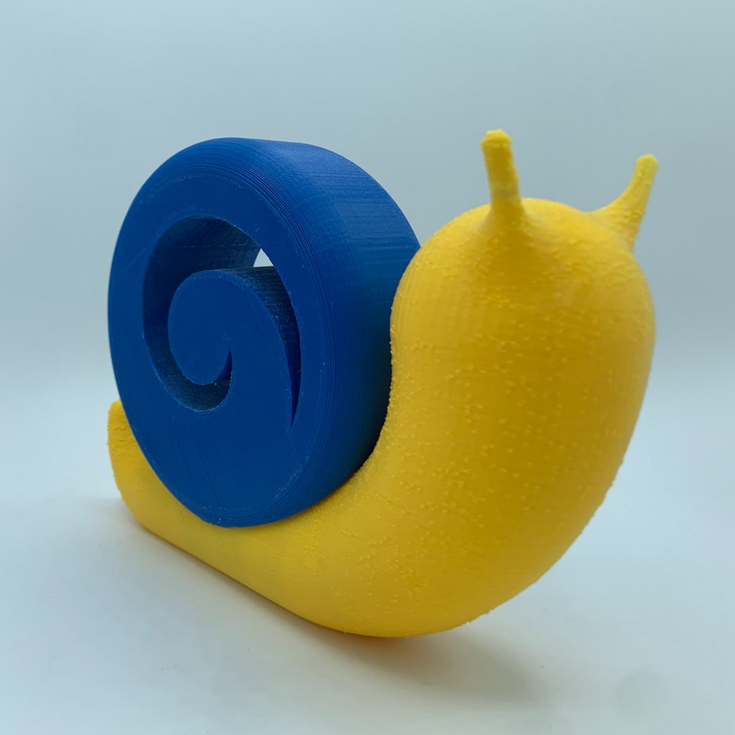 A blue-and-yellow minimal snail