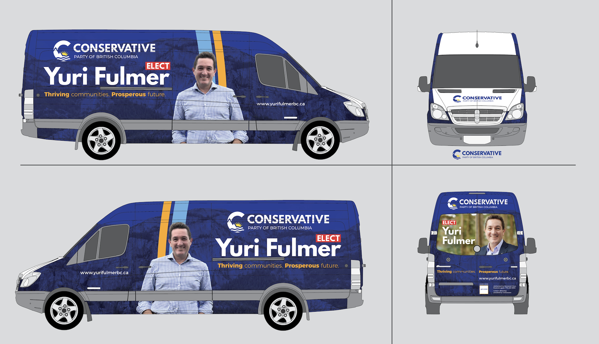 Design concept for a political campaign vehicle promoting Yuri Fulmer with blue background, campaign slogan, and images of Fulmer, showing multiple views including side, front, and rear of the van.