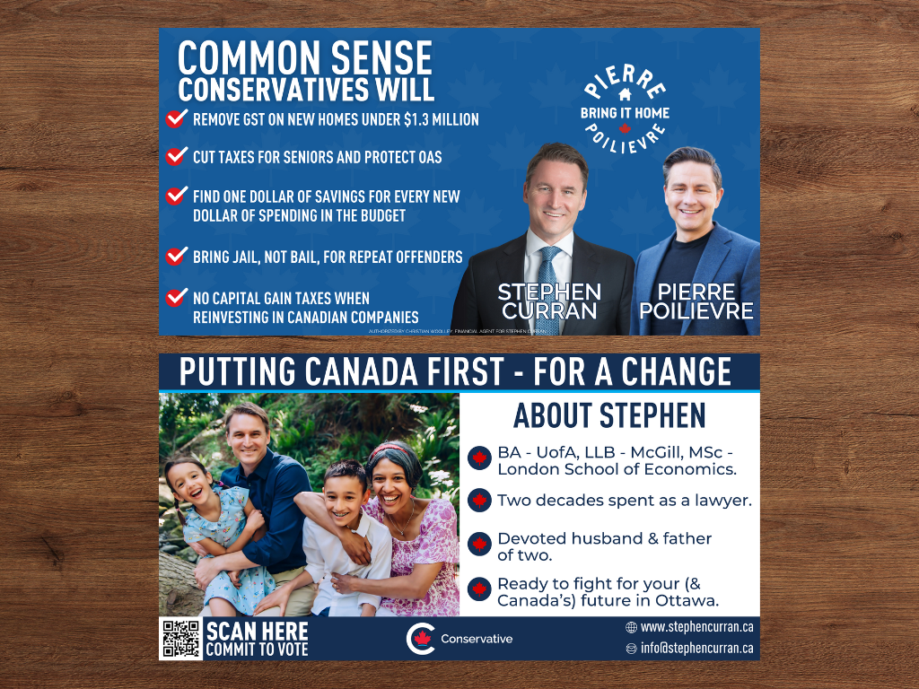 A political campaign flyer featuring Stephen Curran and Pierre Pollievre, highlighting conservative policies, personal background, and a call to vote, with a family photo and a QR code.