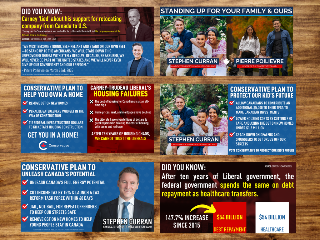 Political campaign flyers featuring candidates Stephen Curran and Pierre Poilievre promoting conservative policies and highlighting facts about government spending and housing.
