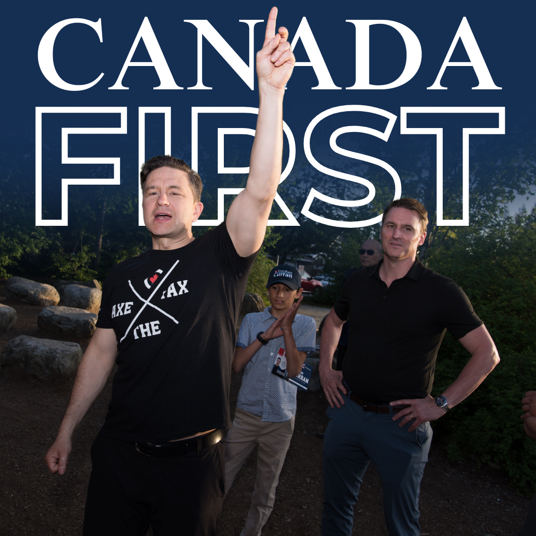 A group of men and a boy standing outdoors at sunset, with one man raising his arm and pointing upwards, and large text in the background that reads "Canada First."