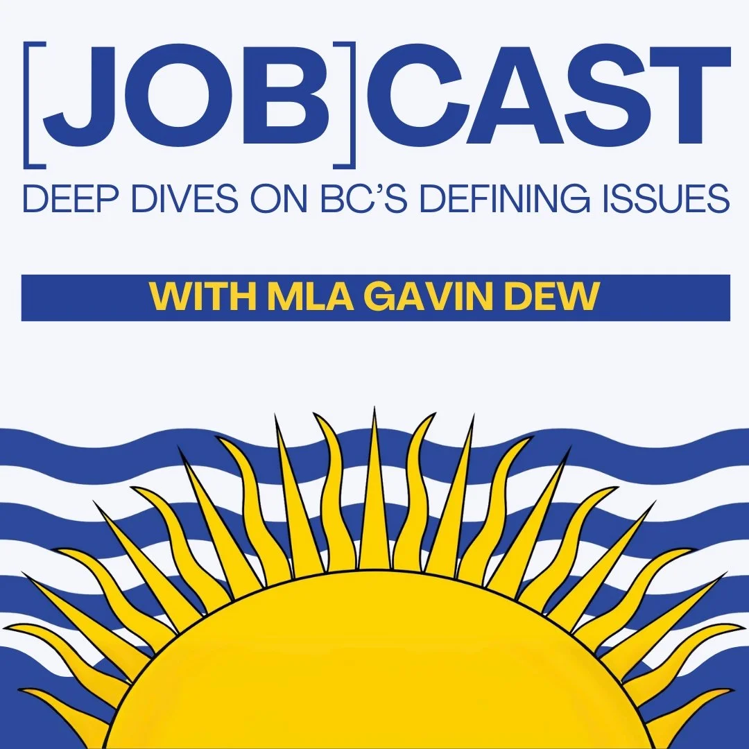 Podcast cover art titled 'JobCast: Deep dives on BC's defining issues' with guest MLA Gavin Dew, featuring a stylized yellow sun with rays and blue wavy lines in the background.