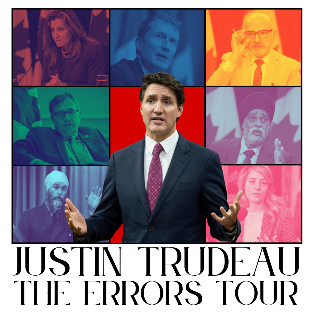 A collage with a central photo of Justin Trudeau in a dark suit, white shirt, and purple patterned tie, gesturing with his hands. Surrounding him are images of various individuals, some with colored overlays, including a woman with a coffee cup, a ma