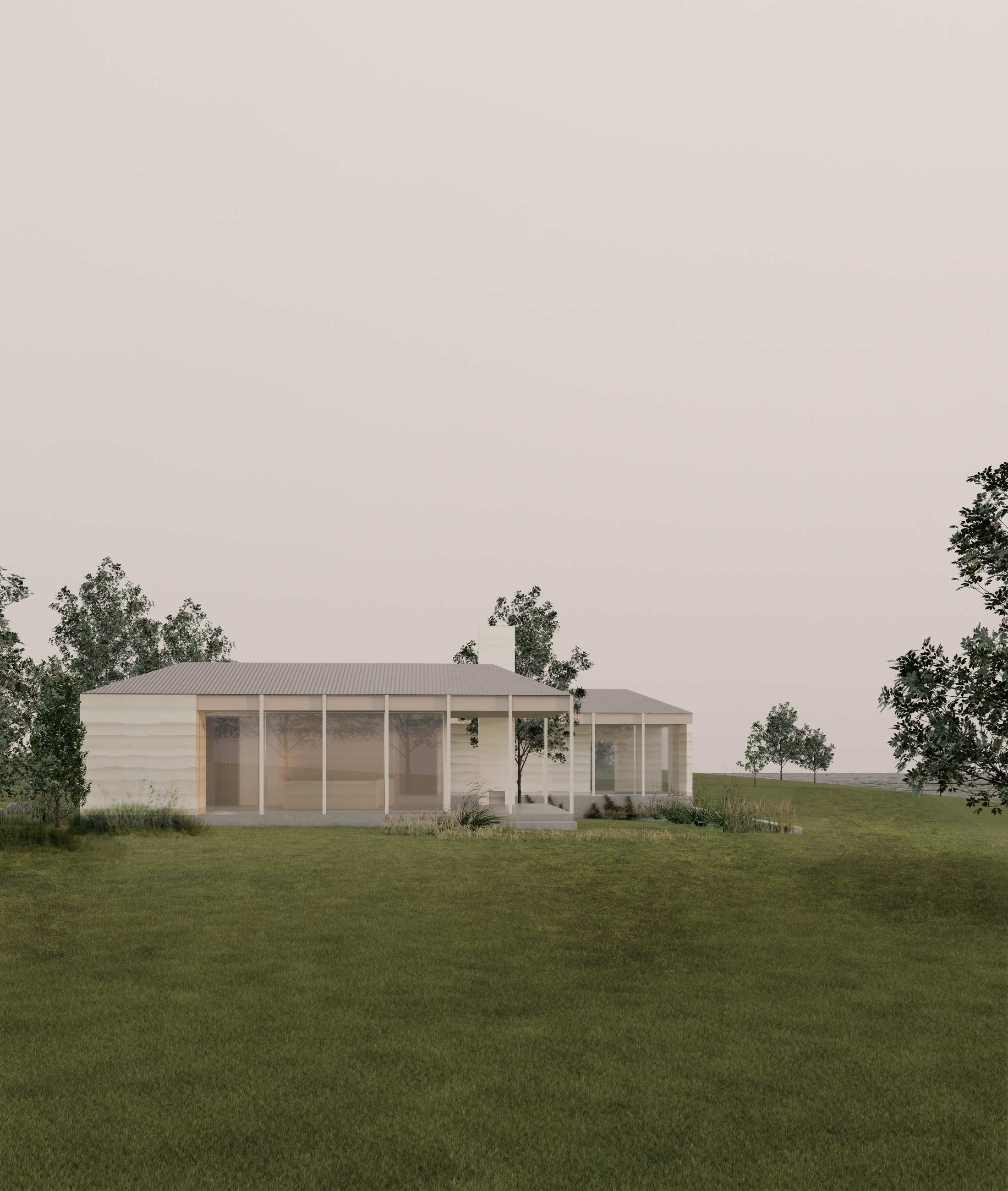 Pavilion-style coastal residence with grounded material palette and strong connection to landscape in New Zealand