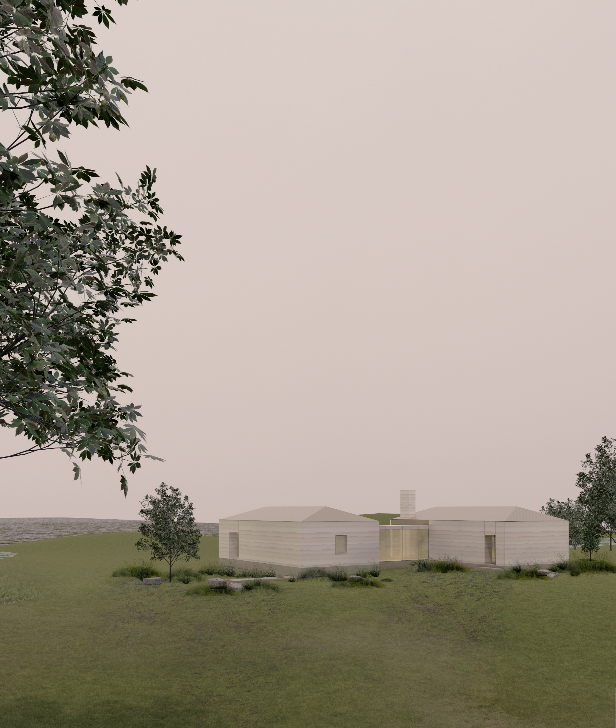 A modern, minimalist house with white exterior, situated on a grassy landscape with small trees, near a body of water.