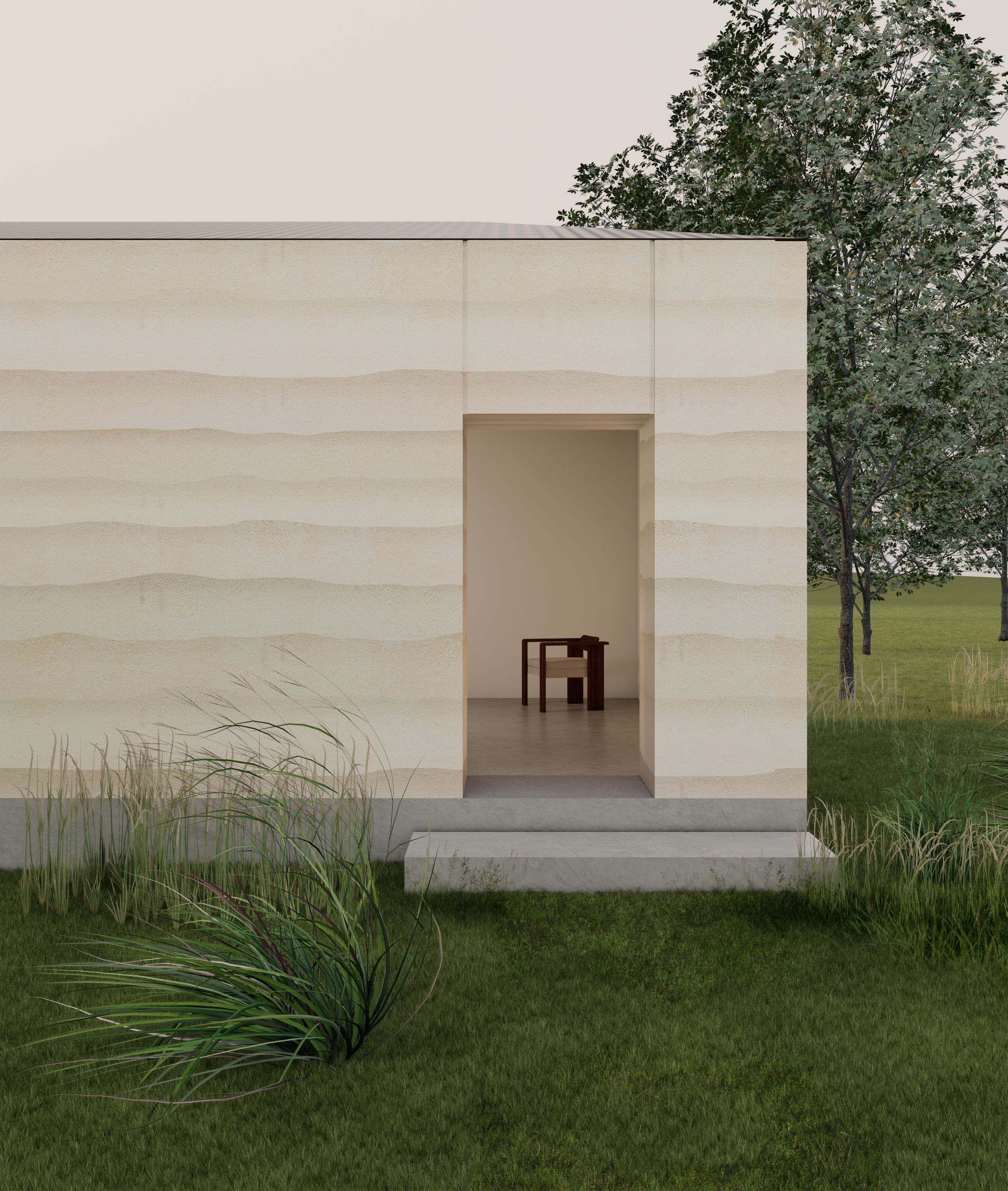 A minimalist modern building with light beige textured walls, a small set of concrete steps leading to an open doorway, and interior visible with a wooden chair. Surrounding greenery includes tall ornamental grasses in the foreground and trees in the