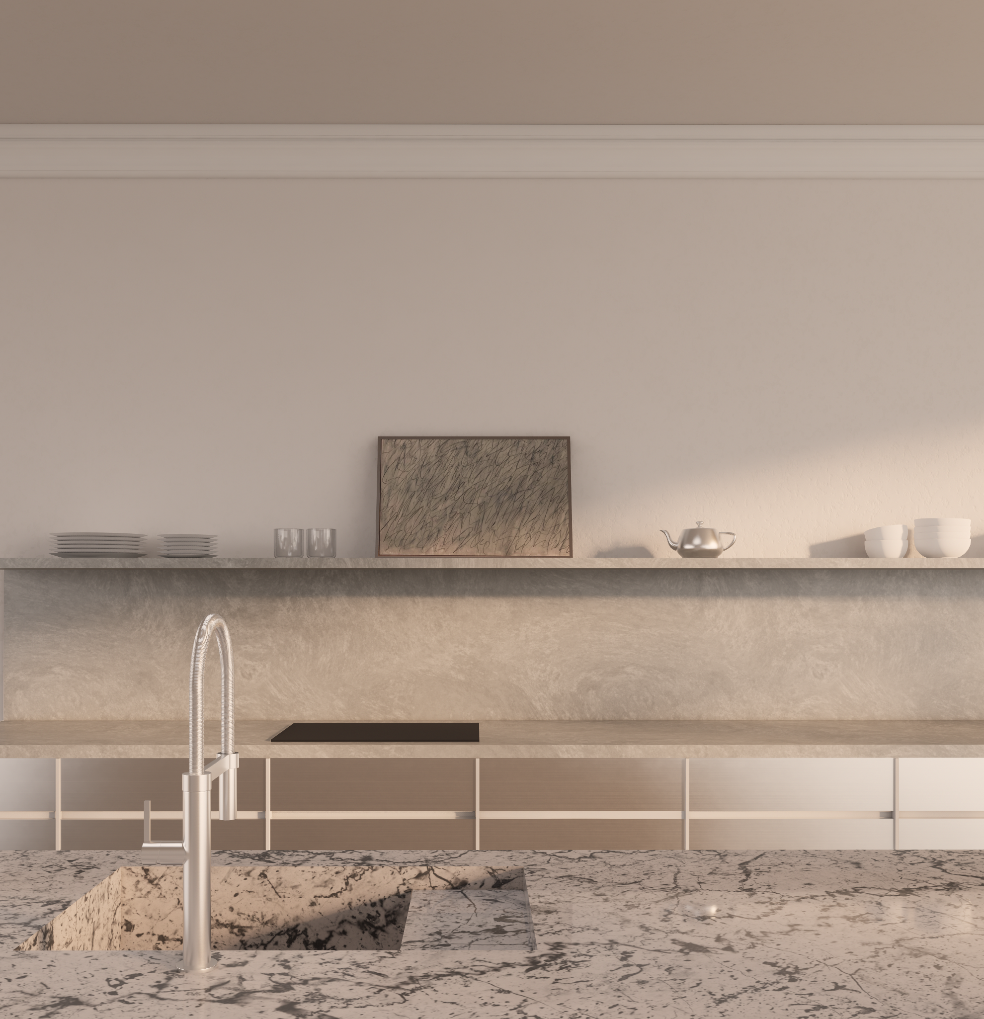 Modern kitchen with marble countertop, sink, faucet, and minimalist decor on the shelves.