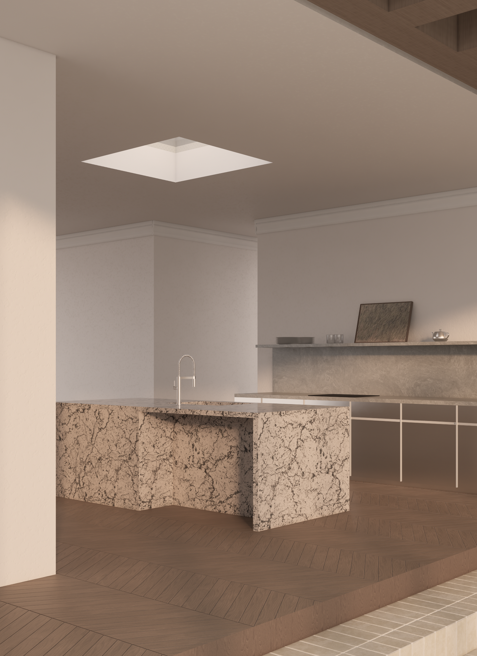 Skylight detail bringing natural light into renovated villa kitchen space