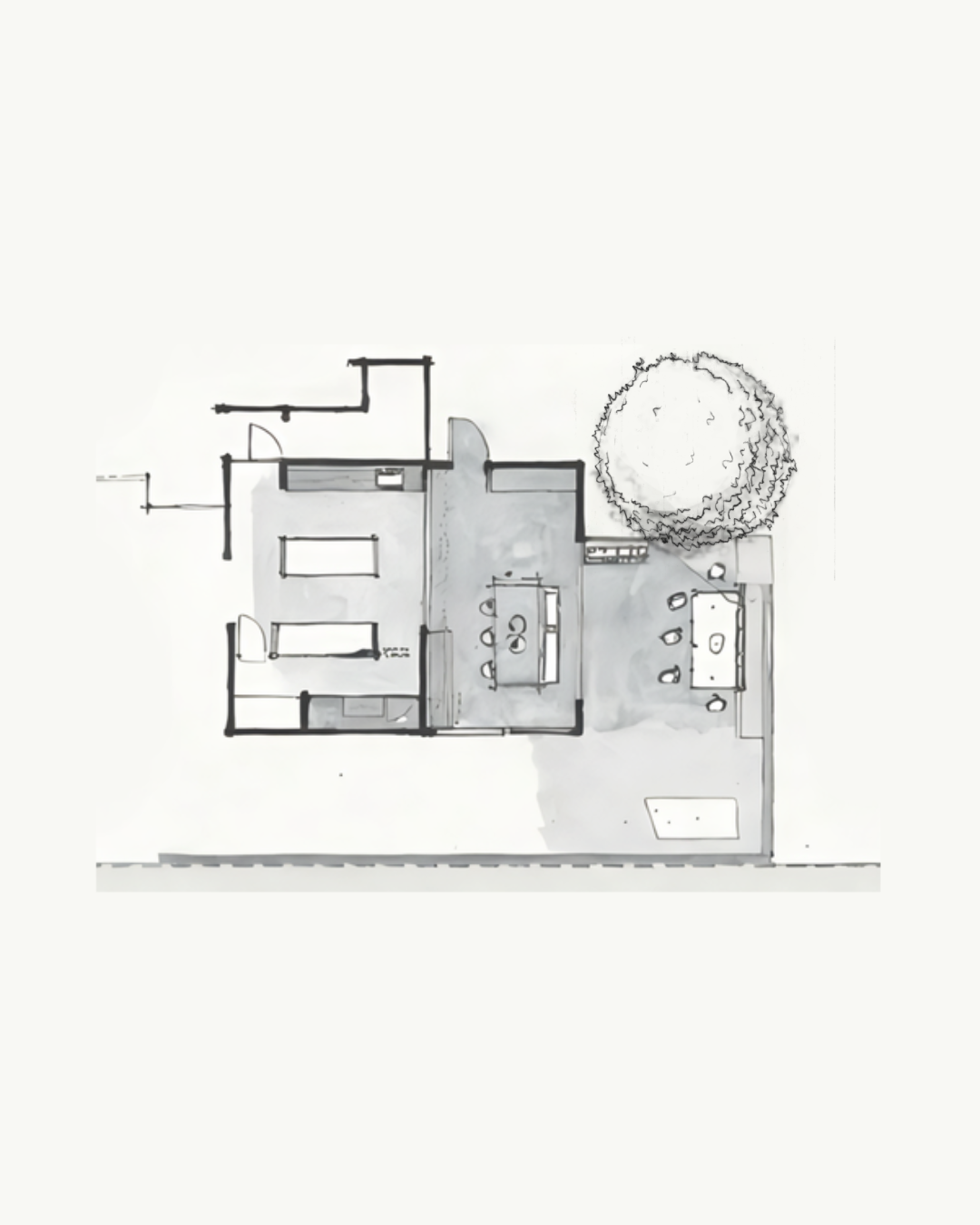 A hand-drawn floor plan of a house with a backyard, including rooms, a patio area with a table and chairs, and a large tree.
