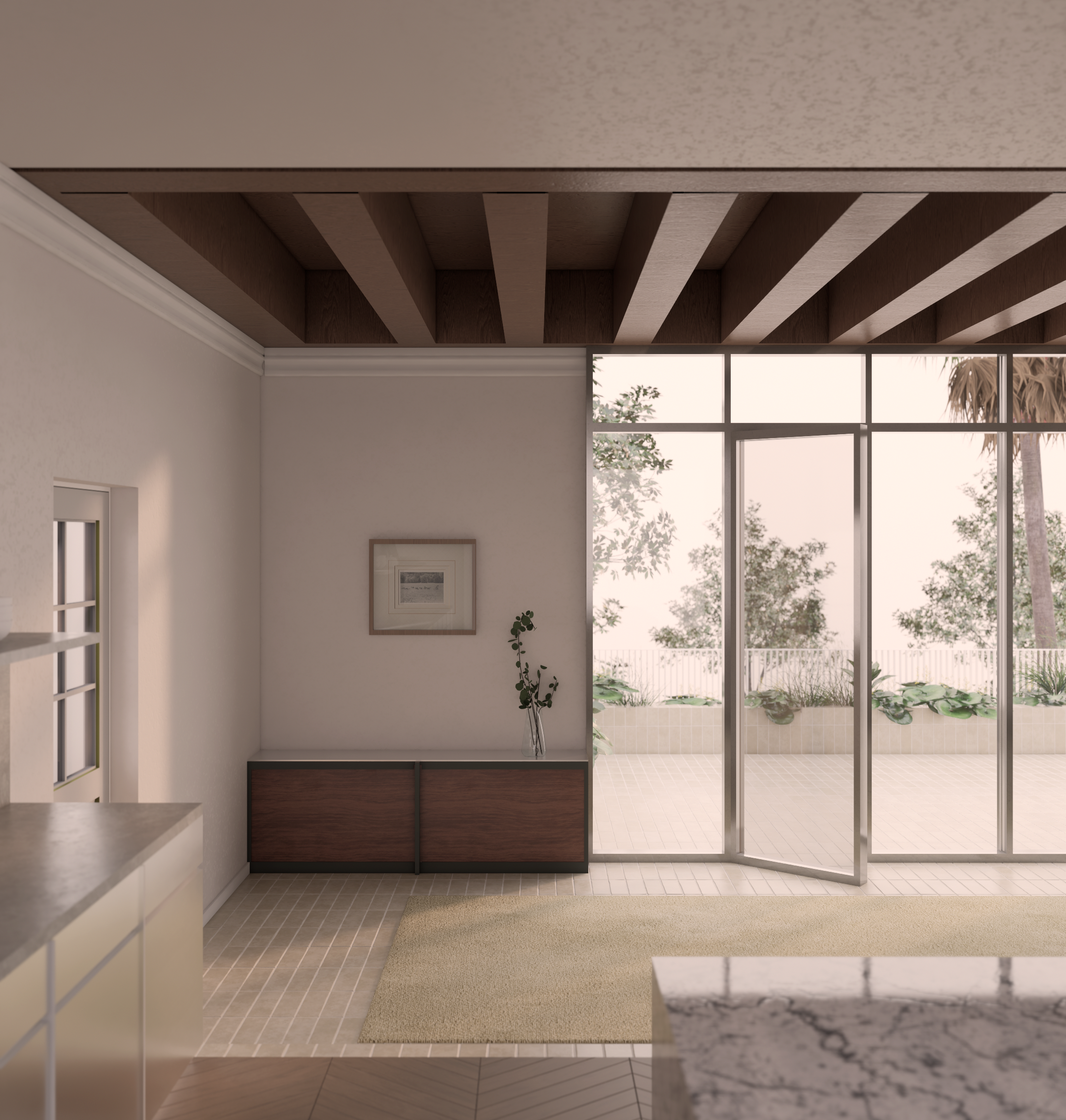 Light-filled dining extension with exposed timber beams in New Zealand villa renovation