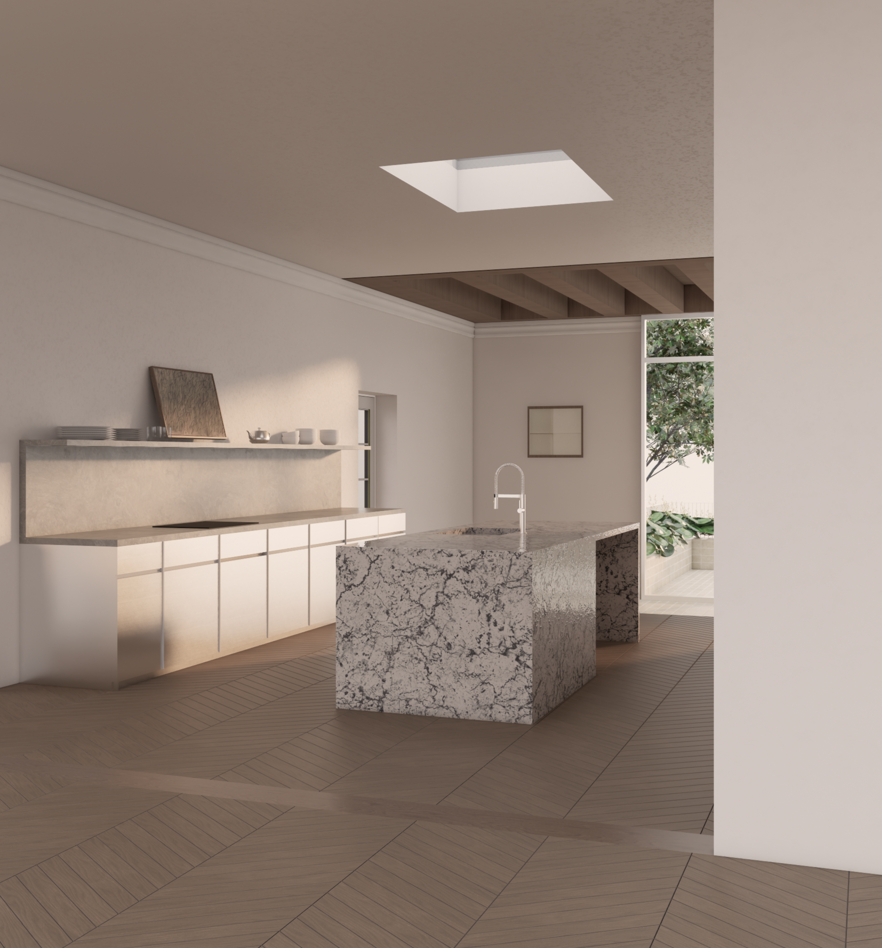Modern kitchen with granite island, white cabinetry, and wooden flooring, with a skylight and outdoor view.