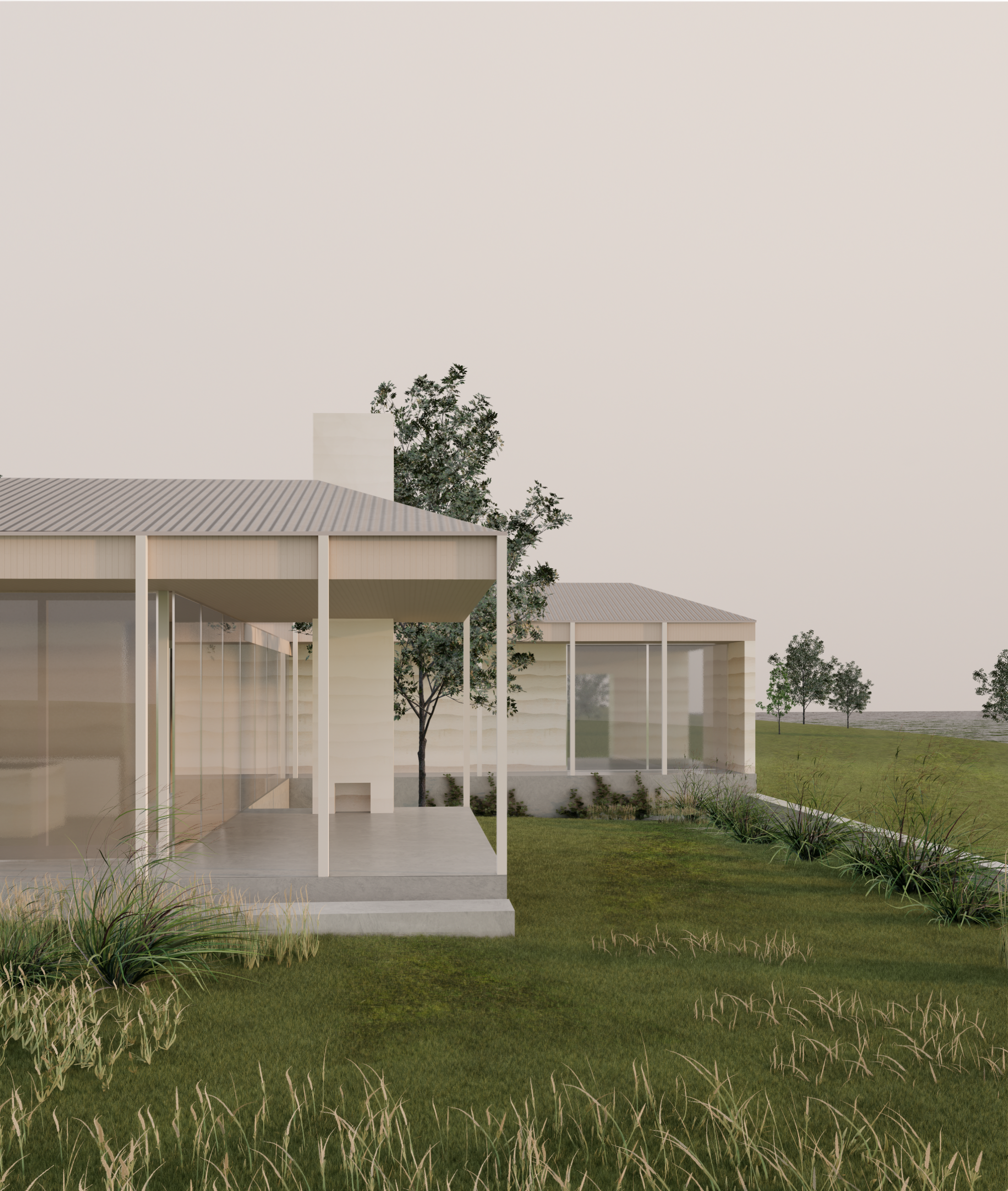 Modern house with large outdoor patio, grass, trees, and a clear sky.