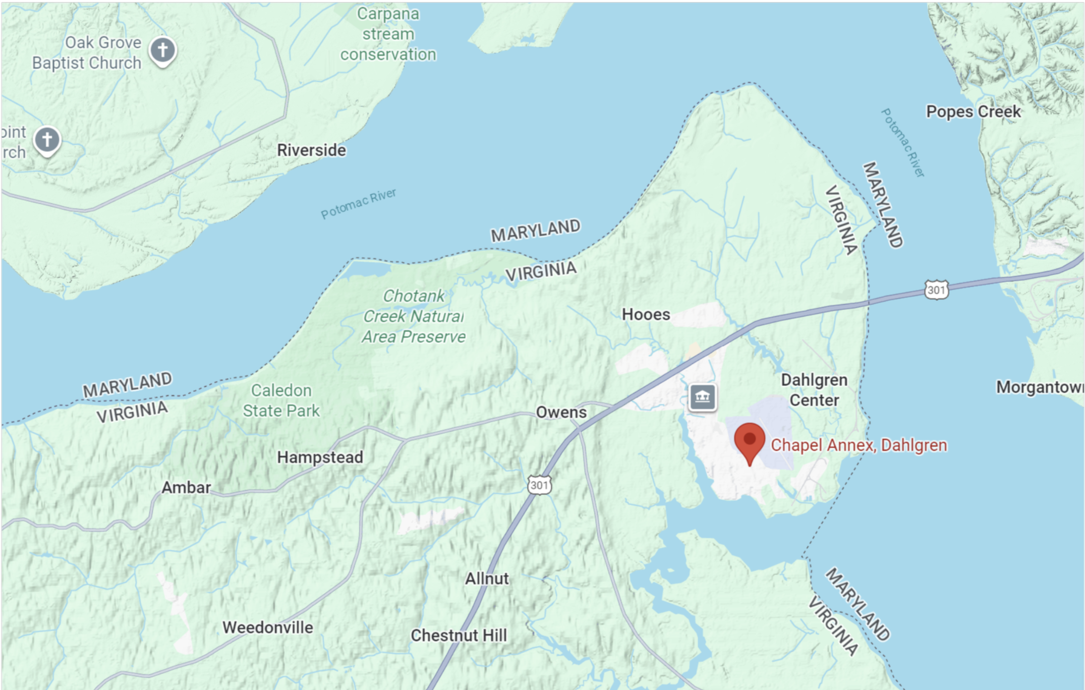 Map showing the location of Chapel Annex in Dahlgren, Virginia, near the Potomac River, with nearby towns and roads.