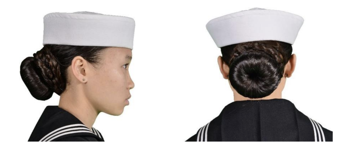 Side and rear view of a female nurse with dark hair in a bun, wearing a white nurse cap and black uniform, against a white background.