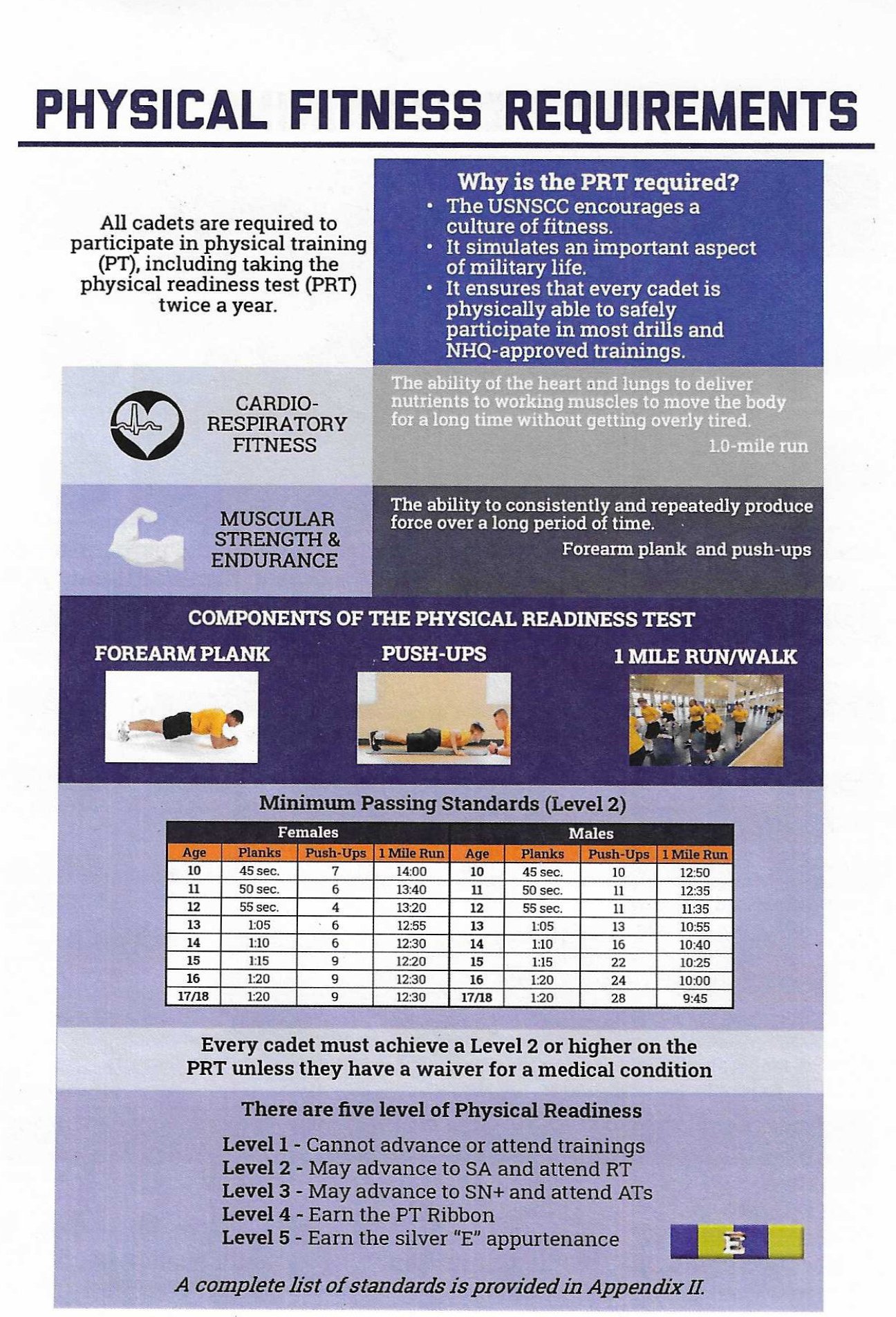 Informational poster titled 'Physical Fitness Requirements' detailing the importance of Physical Readiness Training (PRT) for cadets, components of the PRT including forearm plank, push-ups, and 1-mile run, minimum passing standards for different ages and genders, levels of physical readiness, and explanations of the significance of PRT in military training.