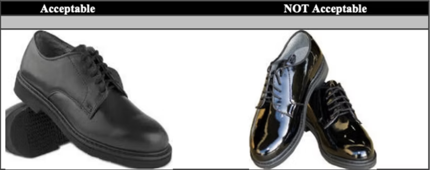 Comparison chart showing acceptable and not acceptable shoes. Acceptable shoes are plain, black leather dress shoes. Not acceptable shoes are shiny, patent, black dress shoes.