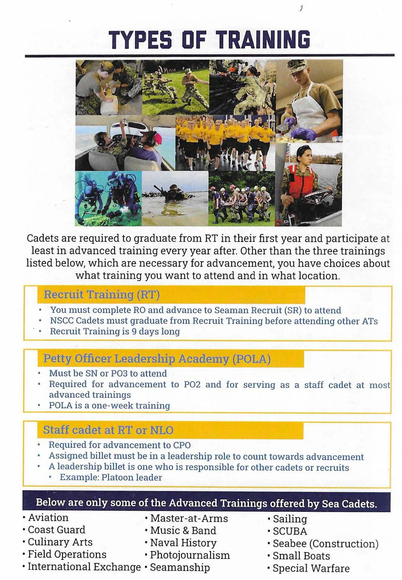 A flyer titled "Types of Training" featuring a collage of images depicting military training, running, swimming, diving, and other military activities. Text details different training courses for cadets, including Recruit Training, Petty Officer Leadership Academy, and Staff Cadet at RT or NLO, alongside advanced training options such as aviation, sailing, SCUBA, and more.