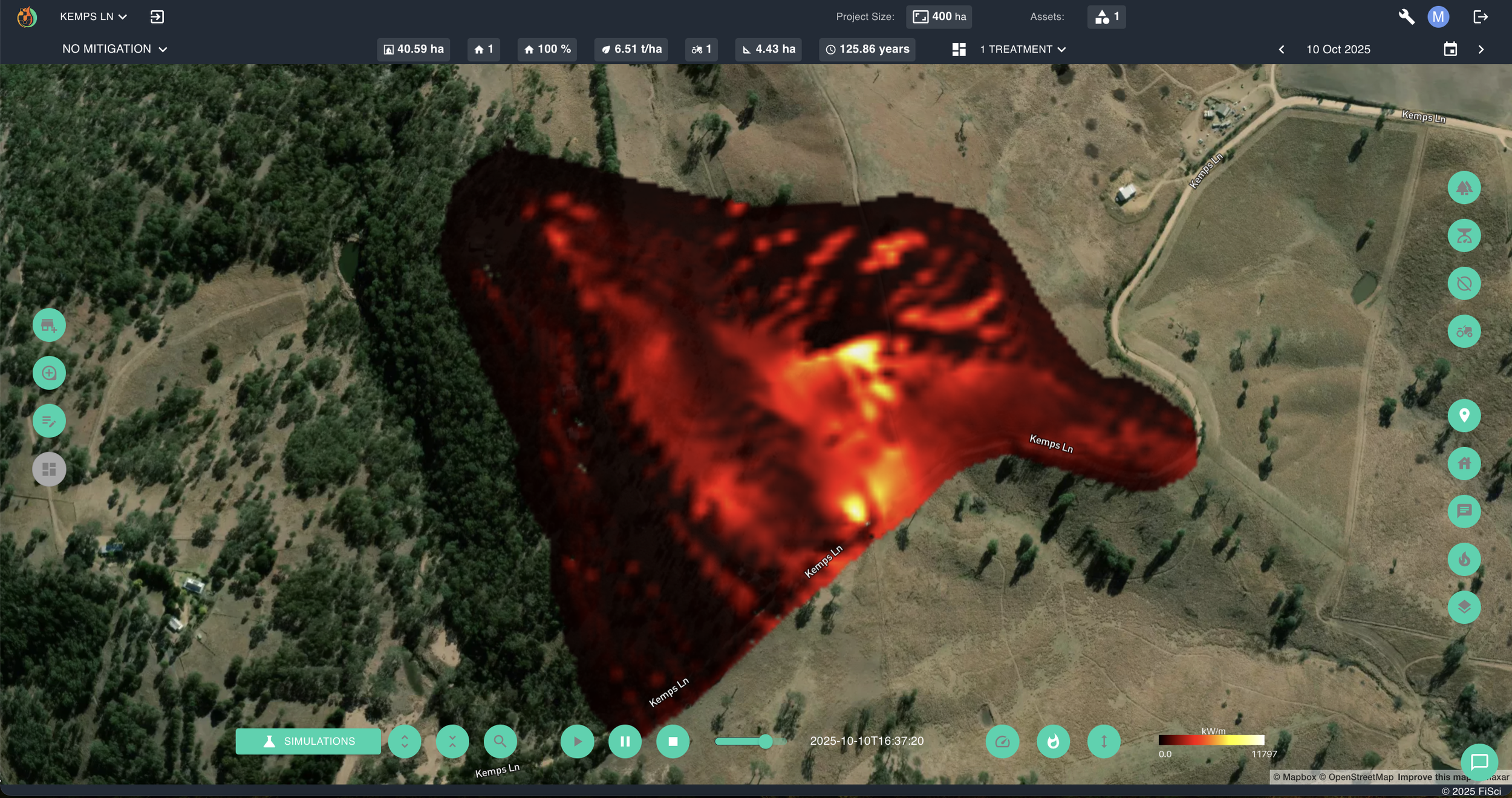 Aerial satellite map view within the FiSci Mitigate platform mapping an initial wildfire simulation, showcasing fire spread vectoring and fireline intensity patterns along Kemps Lane using AI predictive behaviour modelling.