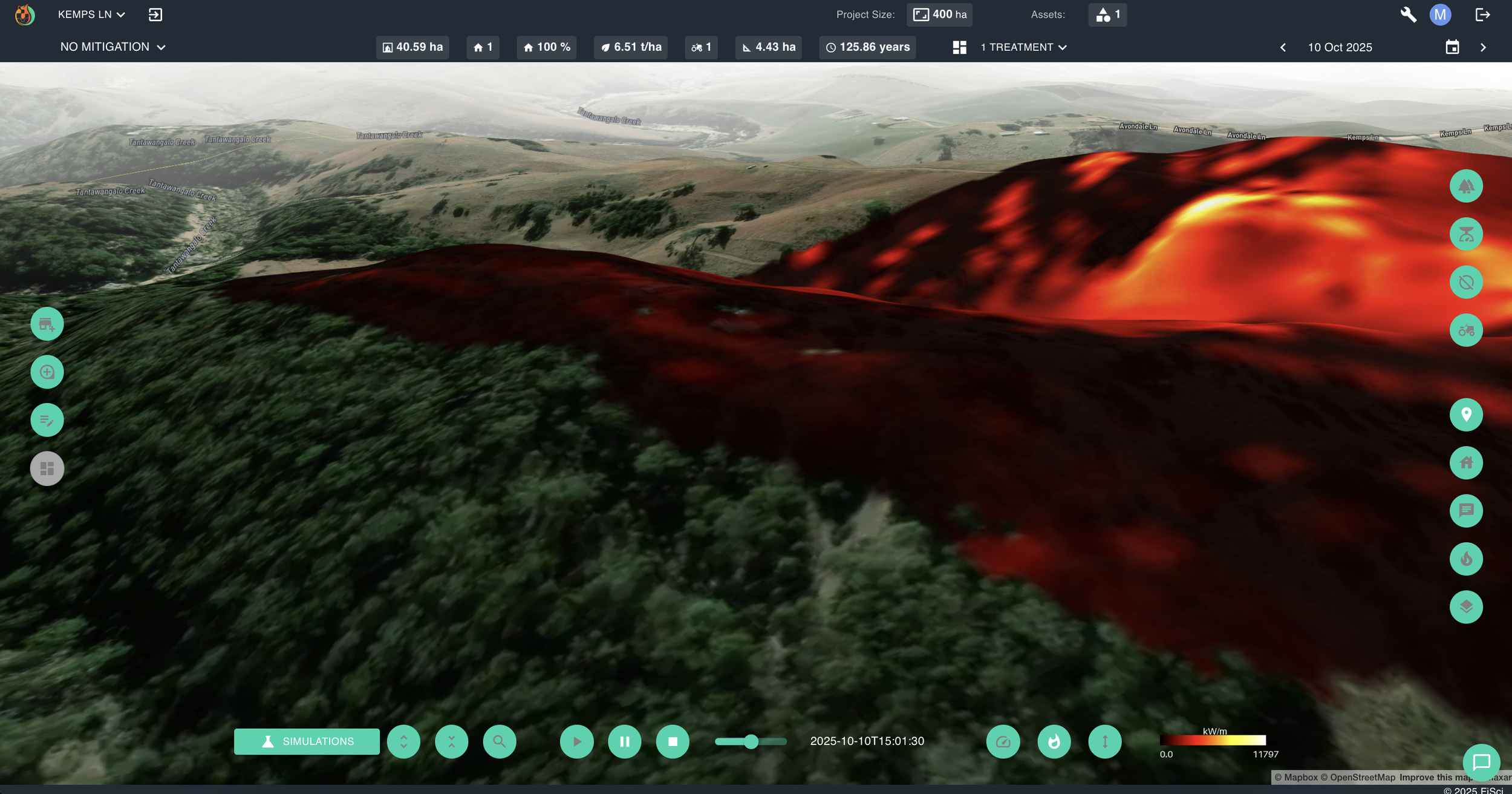 FiSci Mitigate platform 3D landscape view at 15:00, mapping a simulated fire behavior scenario where the flame front transitions to backing down the hillside as the main head fire run slows.