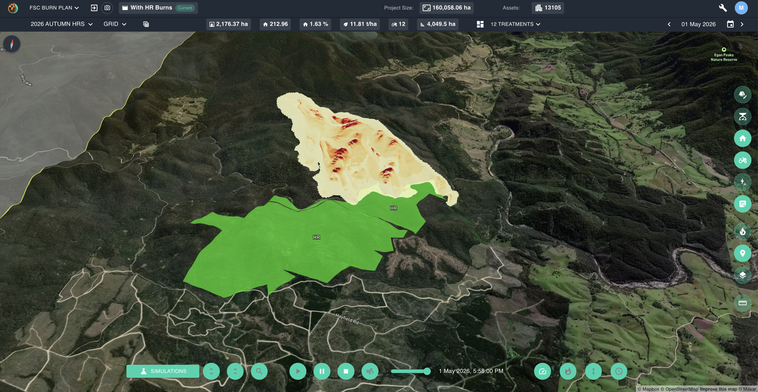 FiSci Mitigate 3D software interface showing a simulated fire footprint contained by a green Towamba hazard reduction HR block, demonstrating predictive AI validation of strategic fuel treatment effectiveness.