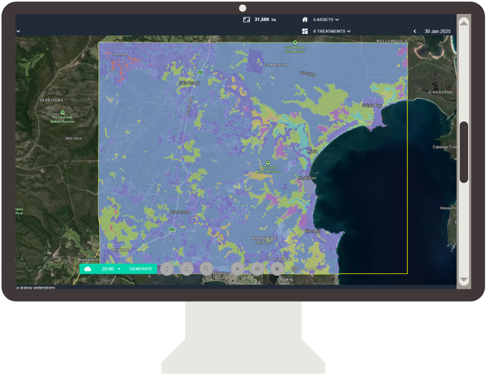 A computer monitor displaying FiSci's bushfire mitigation platform Mitigate, with the vegetation class layer overlayed on a geographic map.