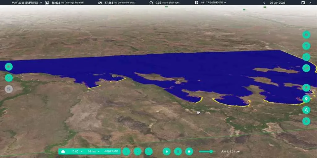 FiSci Mitigate 3D software interface mapping detected early fire scars to simulate potential late-season wildfire spread in a blue overlay, identifying critical landscape gaps for hazard reduction.
