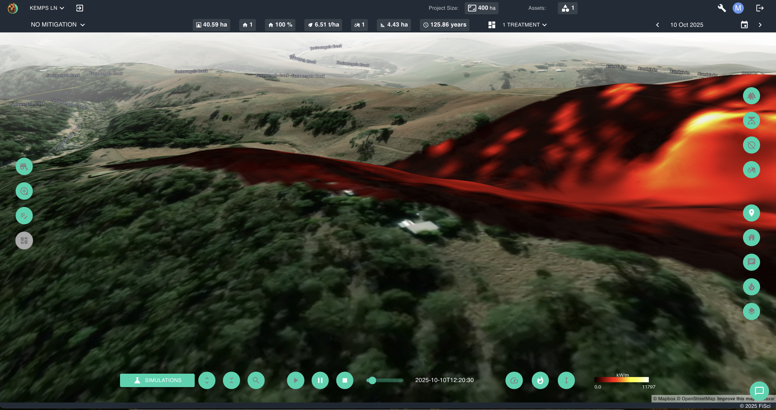 FiSci Mitigate platform 3D landscape view displaying the simulated fire progression at 12:30, mapping the flame front and thermal intensity vectors propagating across rural terrain and ridges using predictive AI behaviour models.