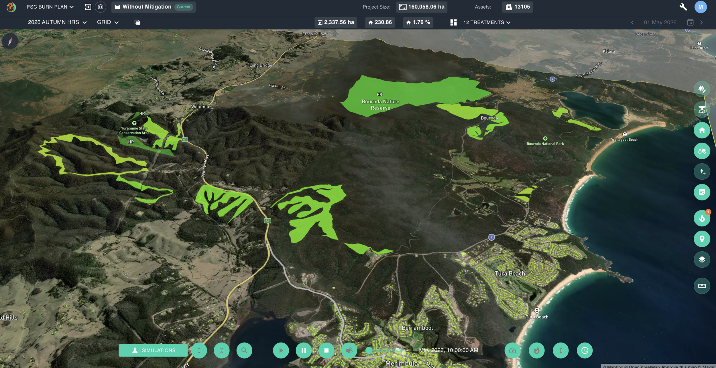 FiSci Mitigate software dashboard displaying twelve strategic hazard reduction blocks mapped in green across multiple tenures, illustrating an AI-optimized protective shield on the dominant northwest wind axis behind Merimbula and Tura Beach.