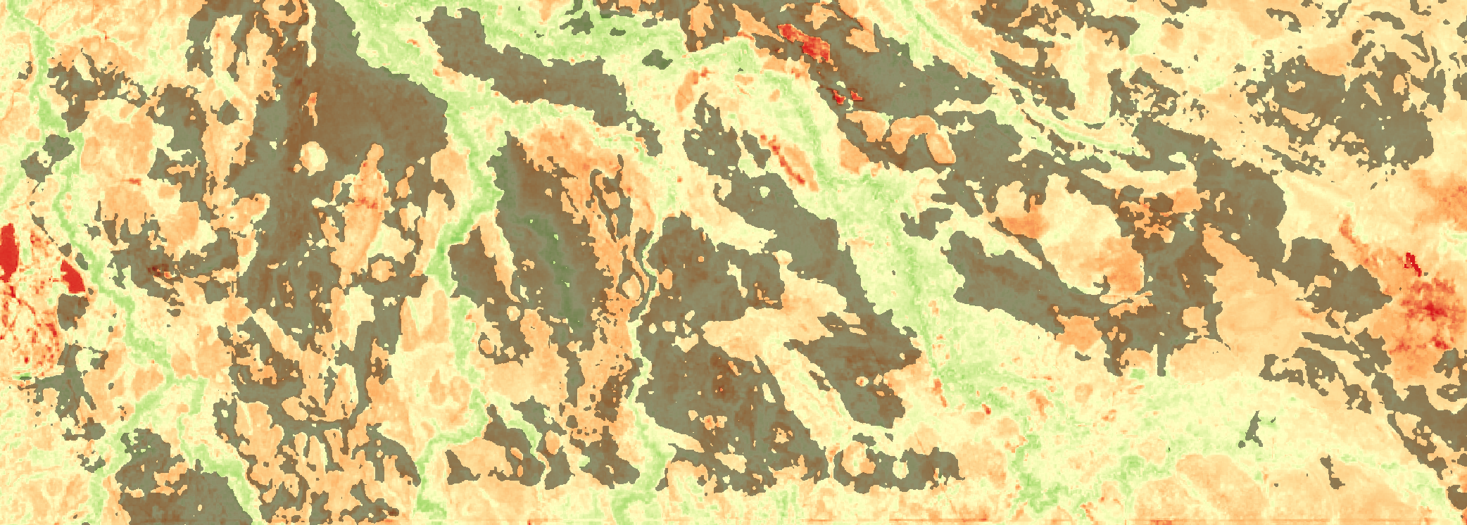 Satellite telemetry overlay mapping dark fire scars perfectly avoiding high-moisture green zones, validating the link between pre-burn environmental conditions and active fire behaviour.