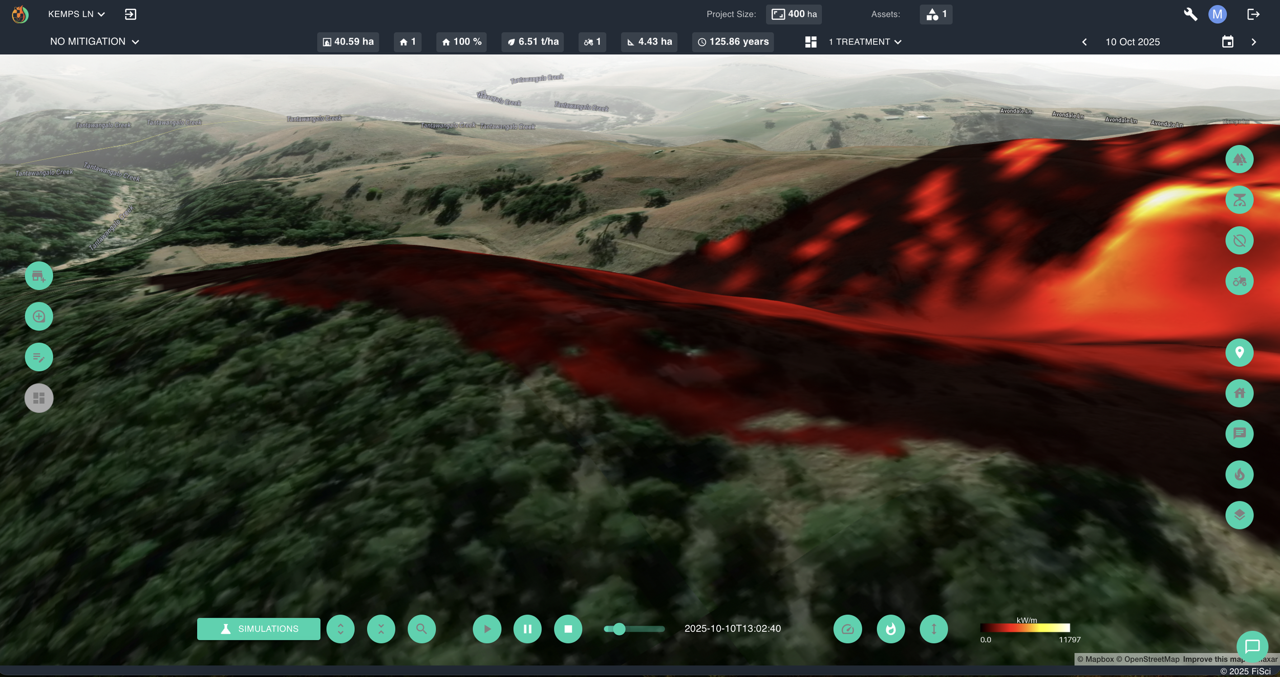 FiSci Mitigate platform 3D terrain visualization at 13:00, mapping a dynamic fire simulation as it takes runs and intensifies along the hillside using predictive AI fire behaviour modelling.