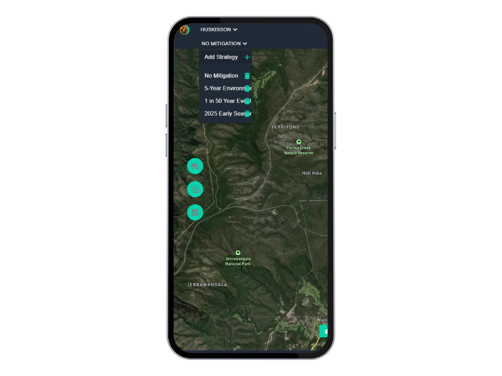 Smartphone displaying FiSci's bushfire mitigation platform Mitigate, a map with the project's bushfire treatment strategies displayed over a geographic map