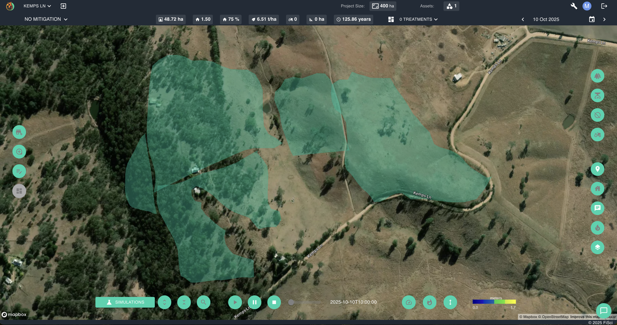 FiSci Mitigate aerial map interface displaying the official verified final bushfire footprint map in a cyan overlay along Kemps Lane.